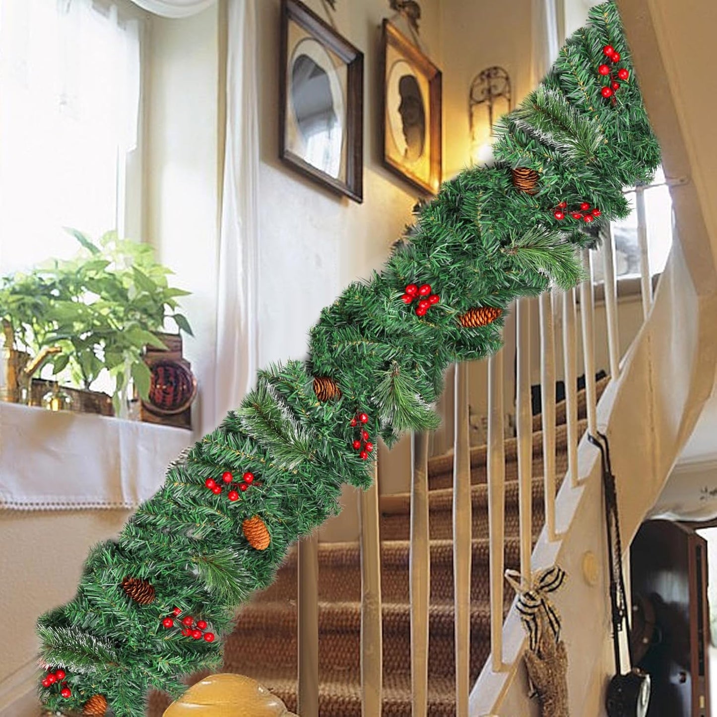 9FT Christmas Lighted Artificial Garland, Xmas Battery Operated Green Rattan with 50 Lights Pine Cones Red Berries for Fireplace Stair Mantle Indoor Outdoor Home Fireplace Porch Decoration(A)