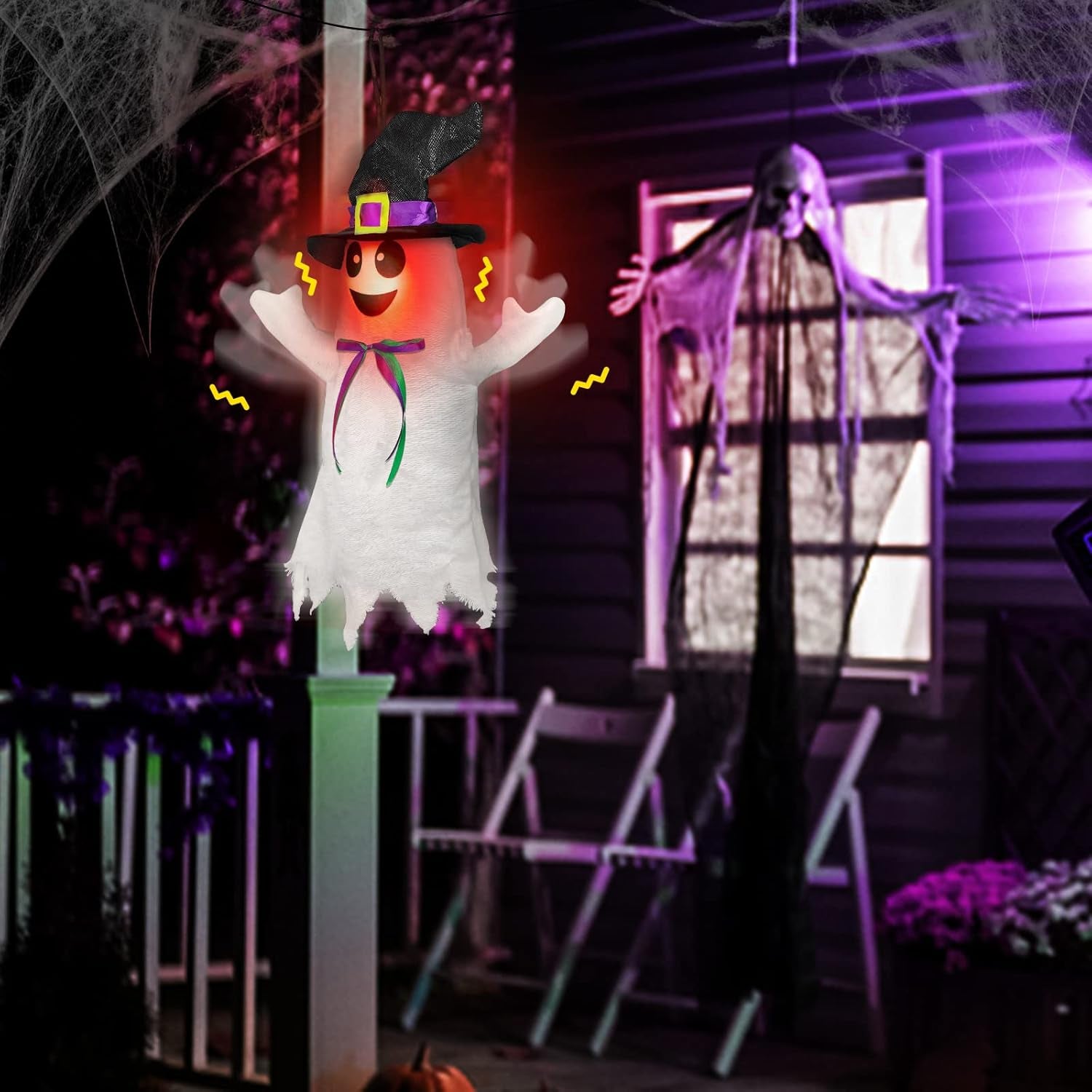 [Shaking Motion] Sound-Activated Hanging Halloween Animatronic Ghost with Shaking Motion, Creepy Sounds, and Light-Up Red Face, Scary Flying Ghost Prop Outdoor Halloween Decorations for Yard, Patio