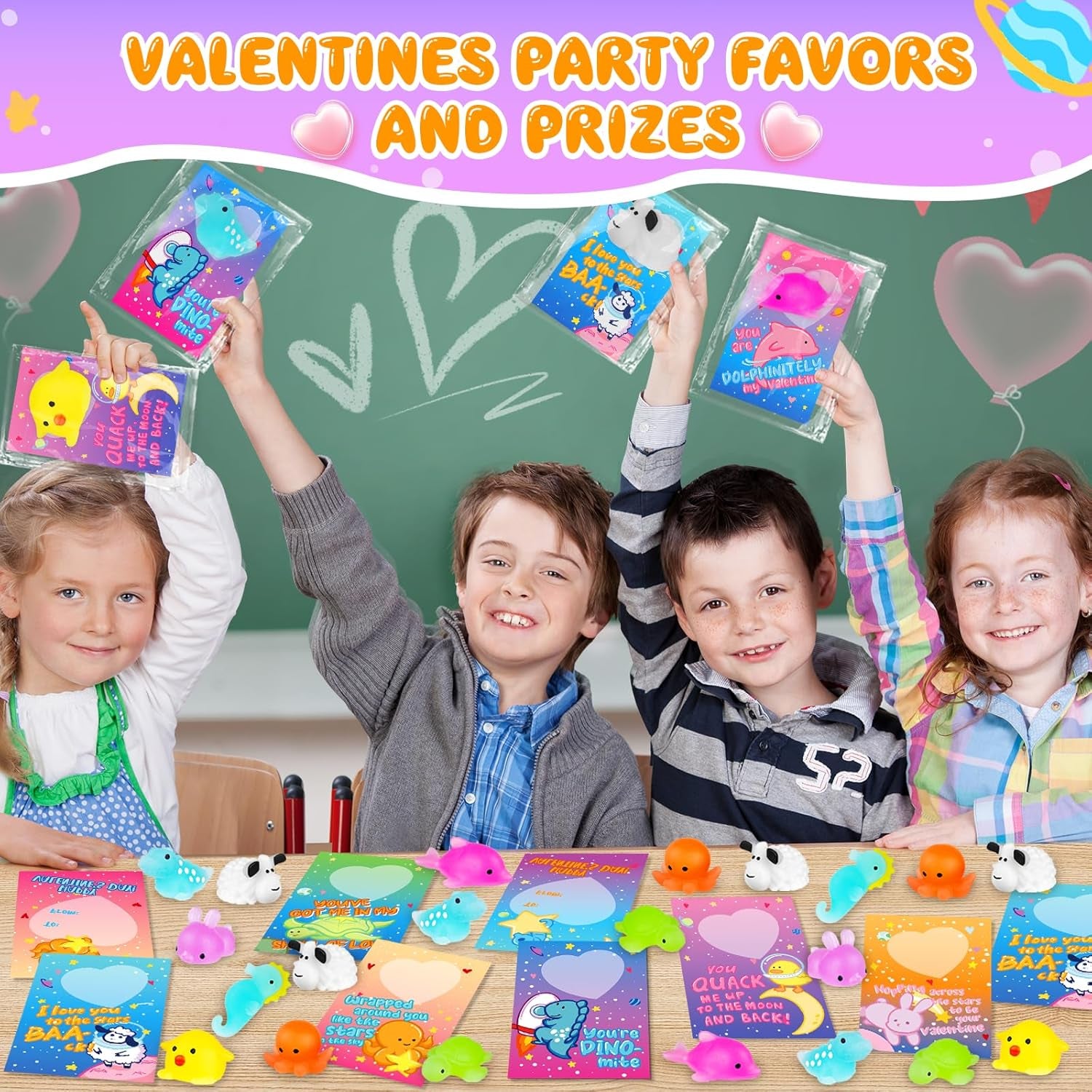 Valentines Day Gifts for Kids, 32 Pack Valentines Cards for Kids Classroom with Kawaii Squishy Toys Glow in the Dark, Valentine Exchange Gift for Boys Girls Toddlers School Class Game Prizes