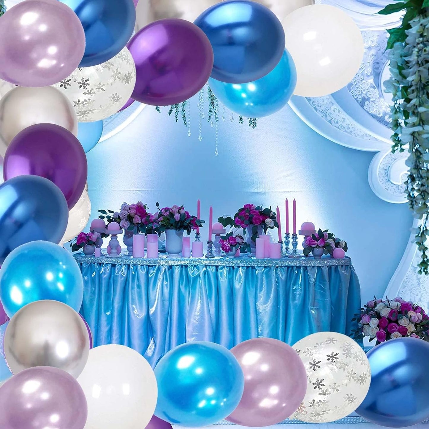 Frozen Balloon, 60 Packs 12 Inch Metallic Purple Blue White Silver Balloons with Snowflake Confetti Balloon for Frozen Birthday Party Baby Shower Christmas Winter Wonderland Party Decorations