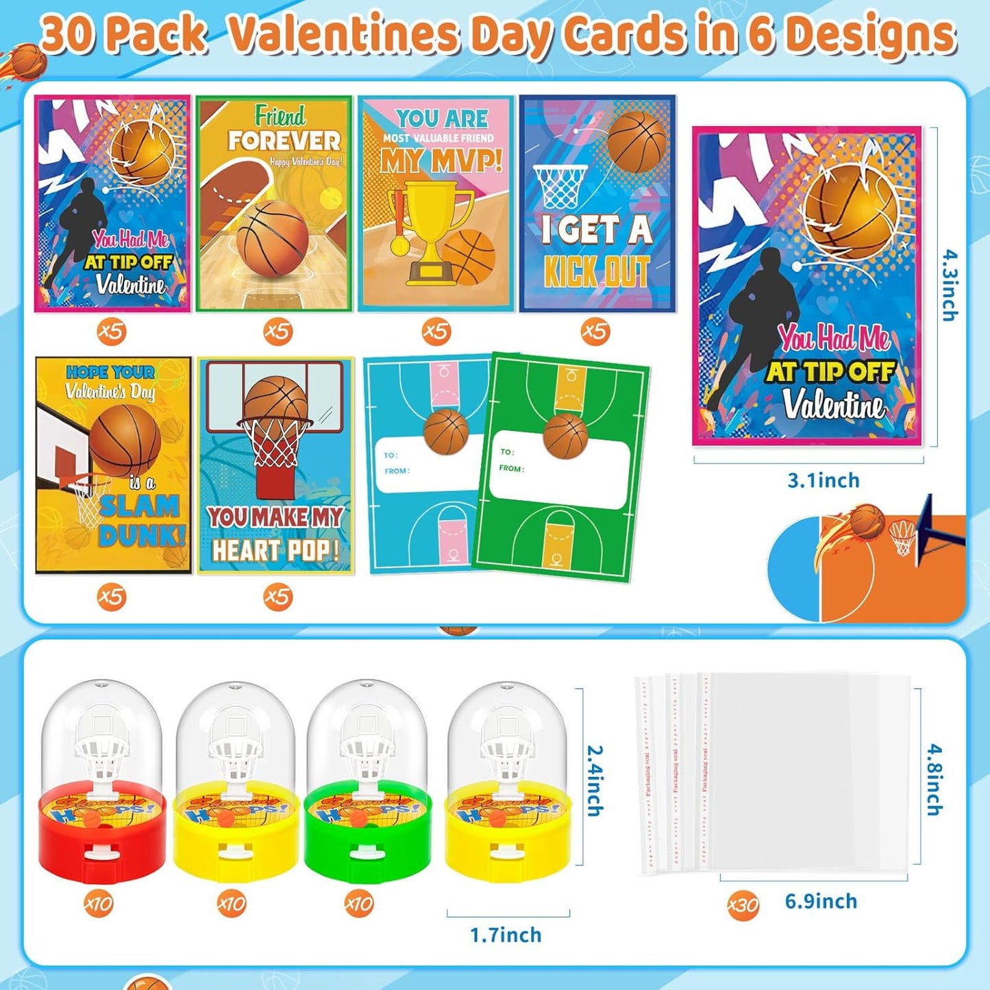 30 Pack Valentines Day Gifts for Kids for Classroom, Valentine'S Exchange Greeting Cards with Mini Basketball Shooting Games Sports Gift Cards Finger Basketball Toy, Classroom Gifts Exchange Prize