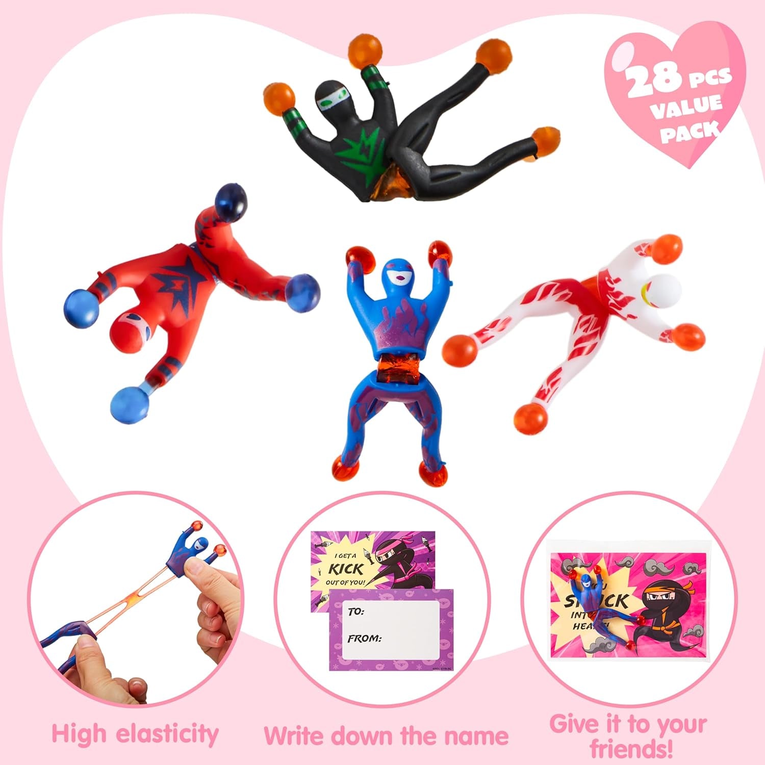 28 Packs Valentines Day Sticky Wall Climbing Men Ninja with Gifts Cards Set, Wall Climbers Stress Relief Toys for Kids Party Favor, Classroom Exchange Prizes, Valentine Greeting Cards