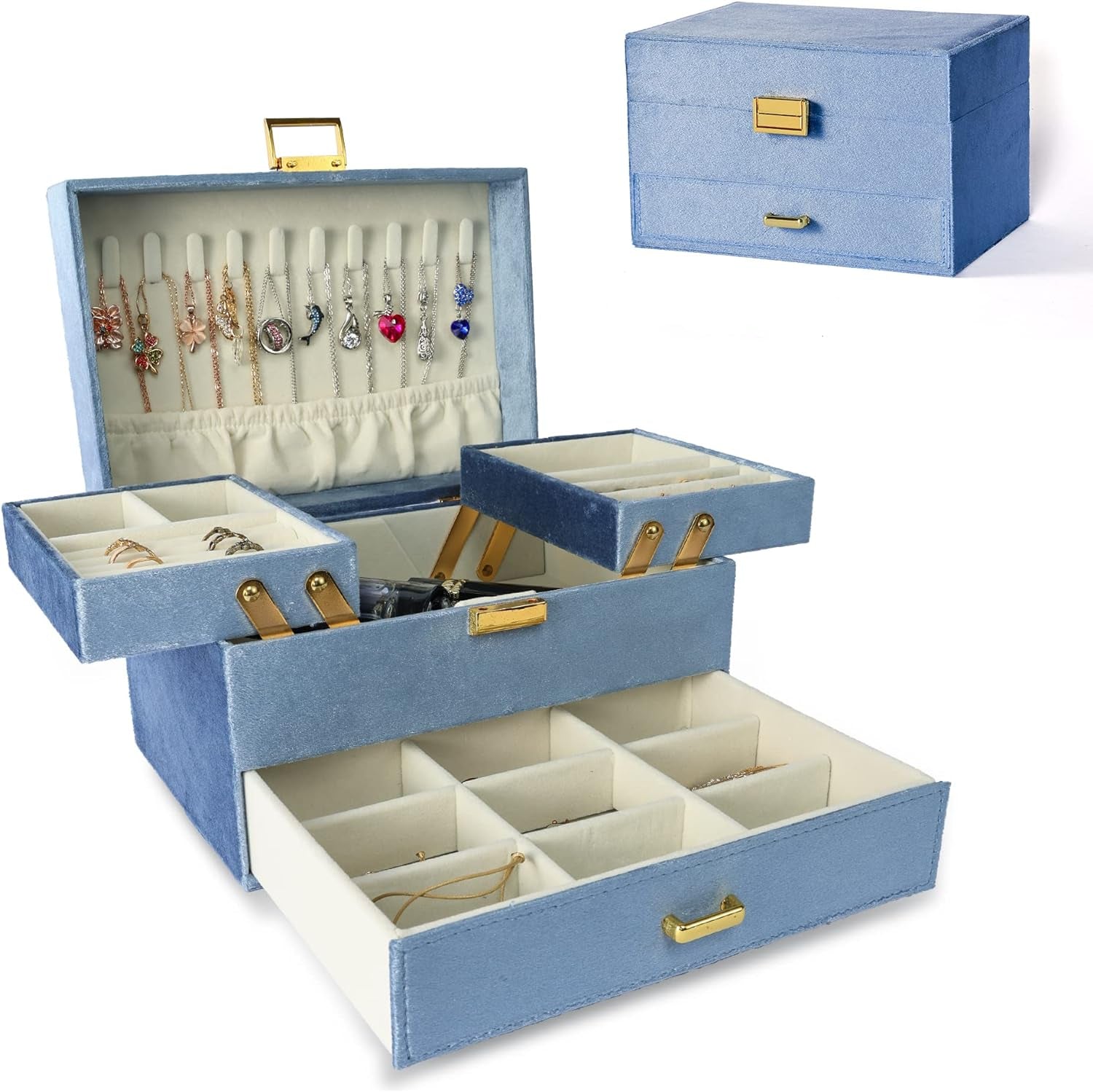 Velvet Jewelry Boxes for Women Girls, Jewelry Organizer Box, Jewelry Storage Organizer for Rings Necklaces Bracelets Watch Earring (Blue)