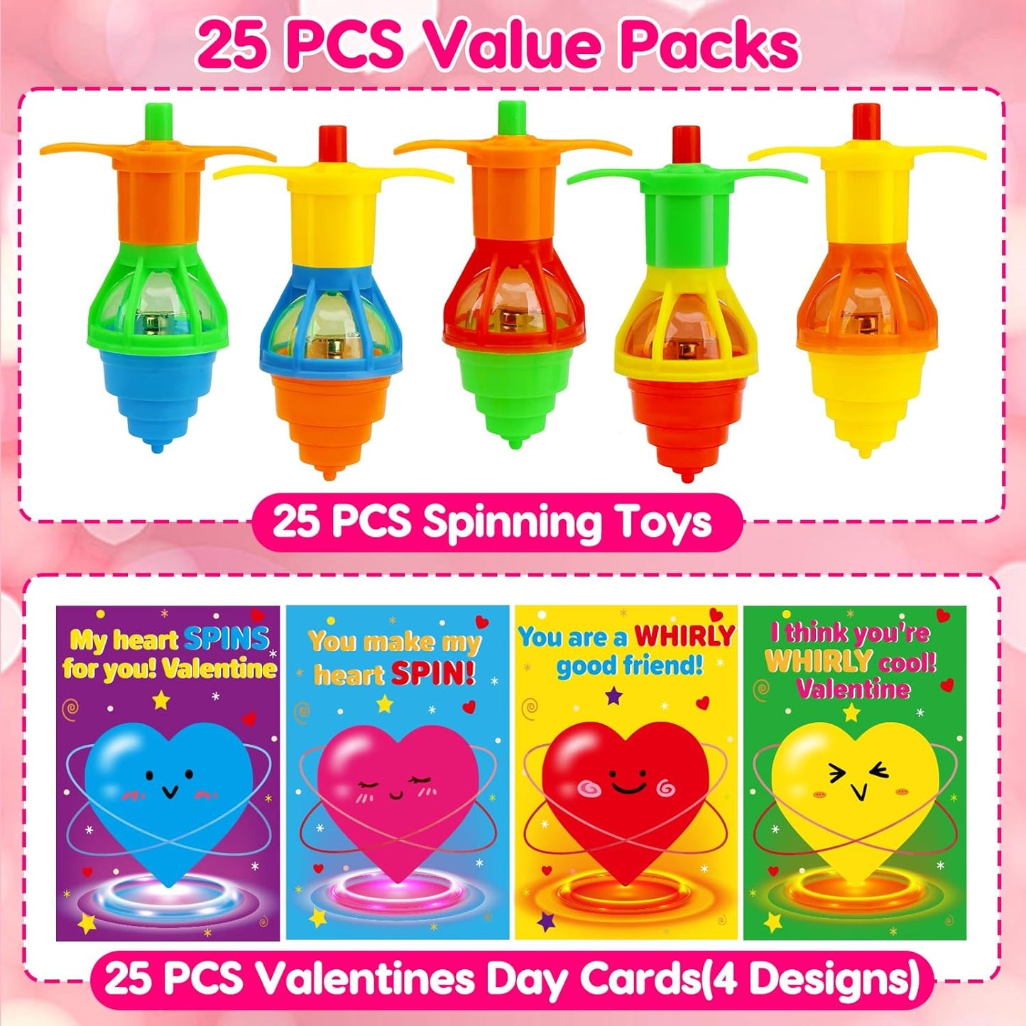 25PCS Valentines Day Gifts for Kids Classroom with Light up Spinning Top, Kids Valentine Day Cards for School Toddler Boys Girls Student Exchange Gifts Prize for Kid Valentine'S Party Favor Treat Bulk