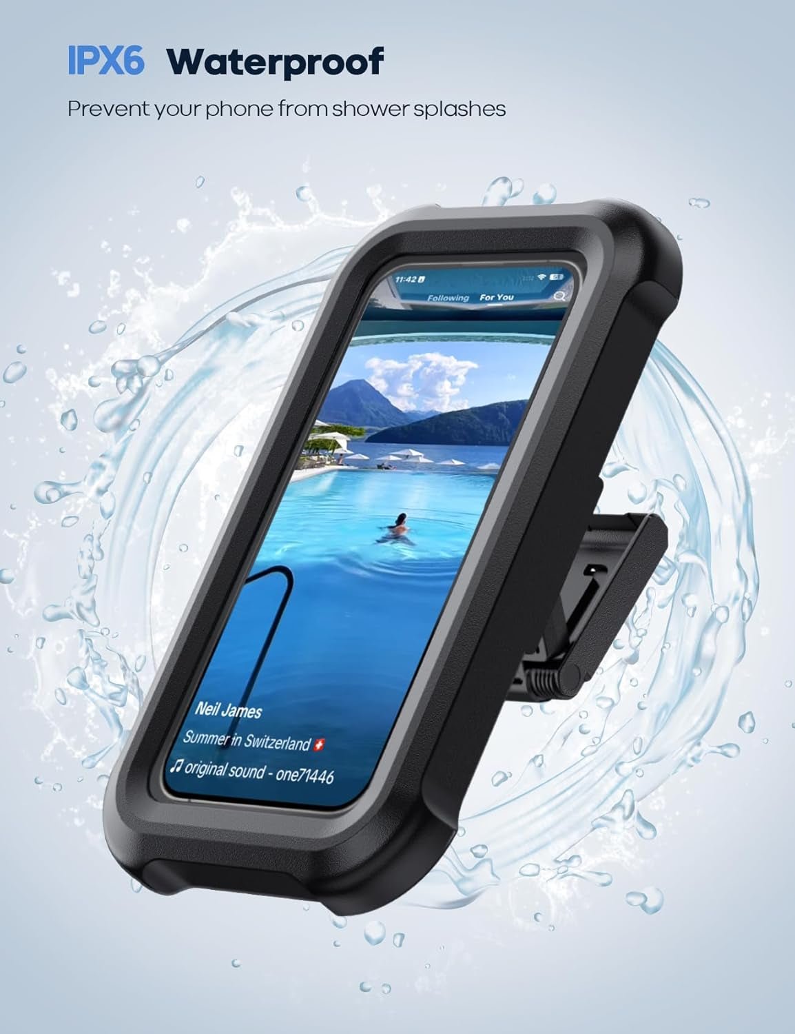 Shower Phone Holder Waterproof - 480° Rotatable Retractable Adjustable Shower Phone Case Holder, Bathroom Wall Phone Mount Stand Water Proof Case, Shower Accessories for 4-7" Phones, Black