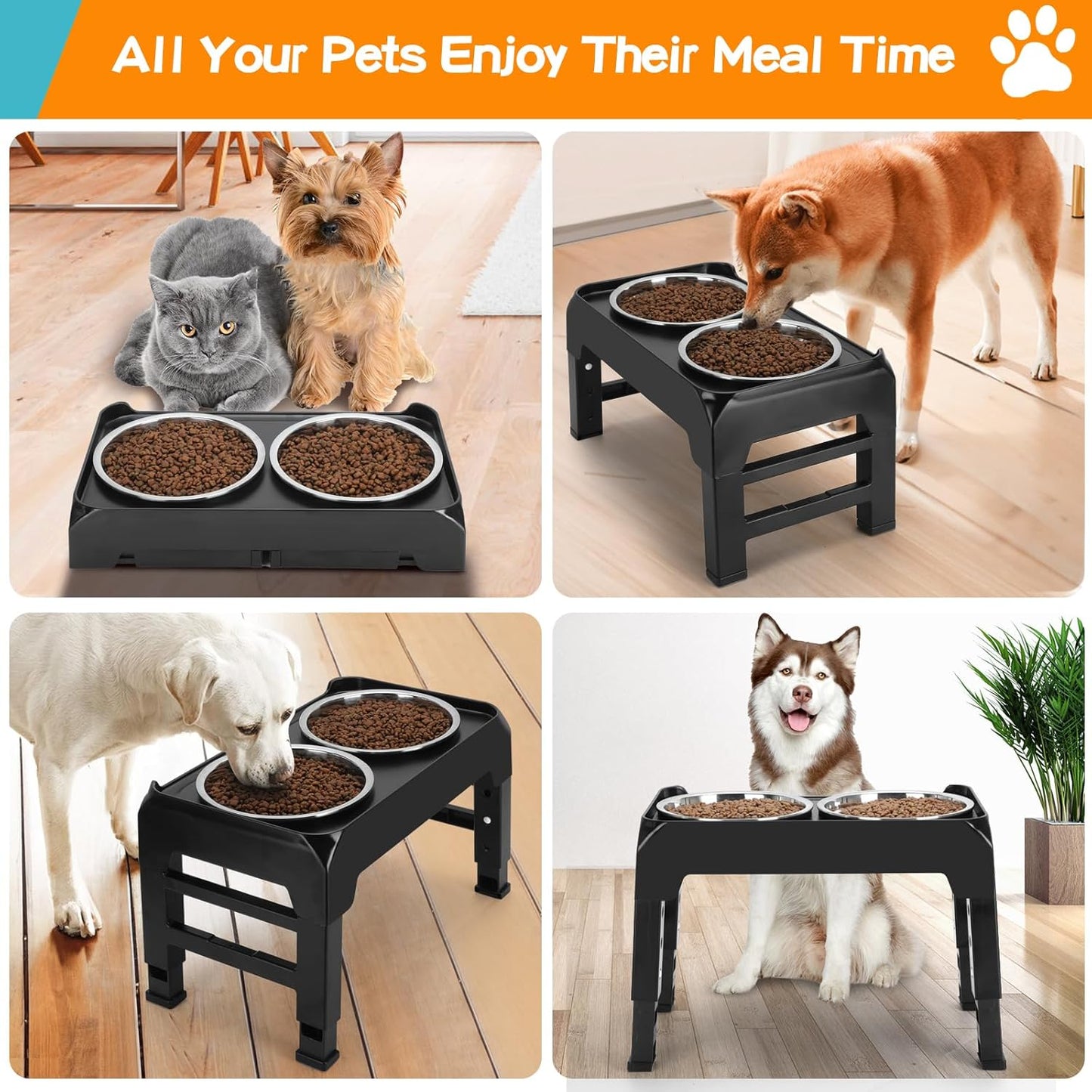 Elevated Dog Bowls, 4 Height Adjustable Raised Dog Bowl Stand with 2 Thick 50Oz Stainless Steel Dog Food Bowls Non-Slip Dog Feeder for Large Medium Dogs Adjusts to 3.7", 9.2", 10.75", 12.36" Black