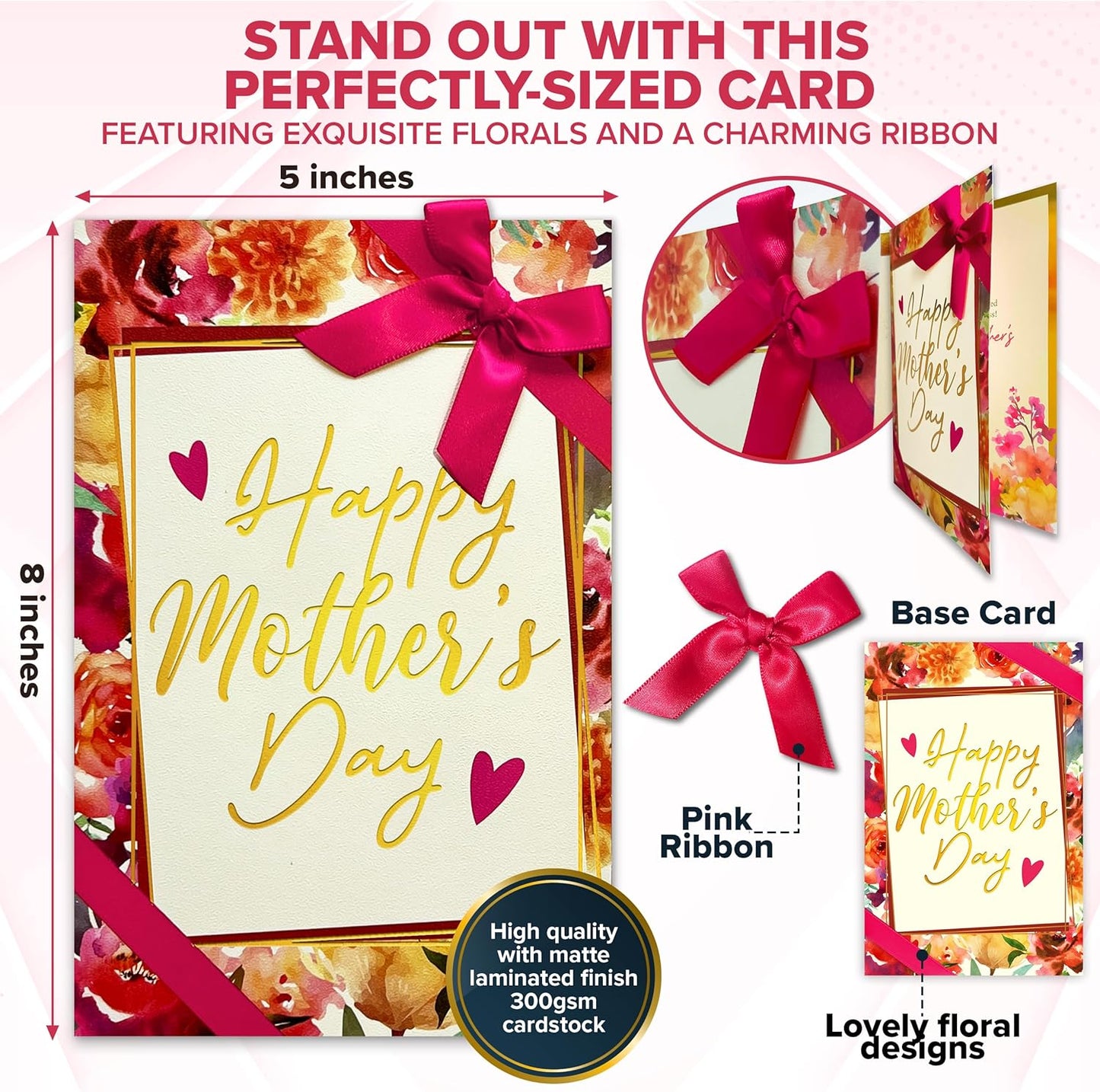 Gold Foiled and Textured 5X8In Individual Happy Mothers Day Card Set with Ribbon and Floral Designs, Card Set with Envelope and Stickers, with Printed Message Inside