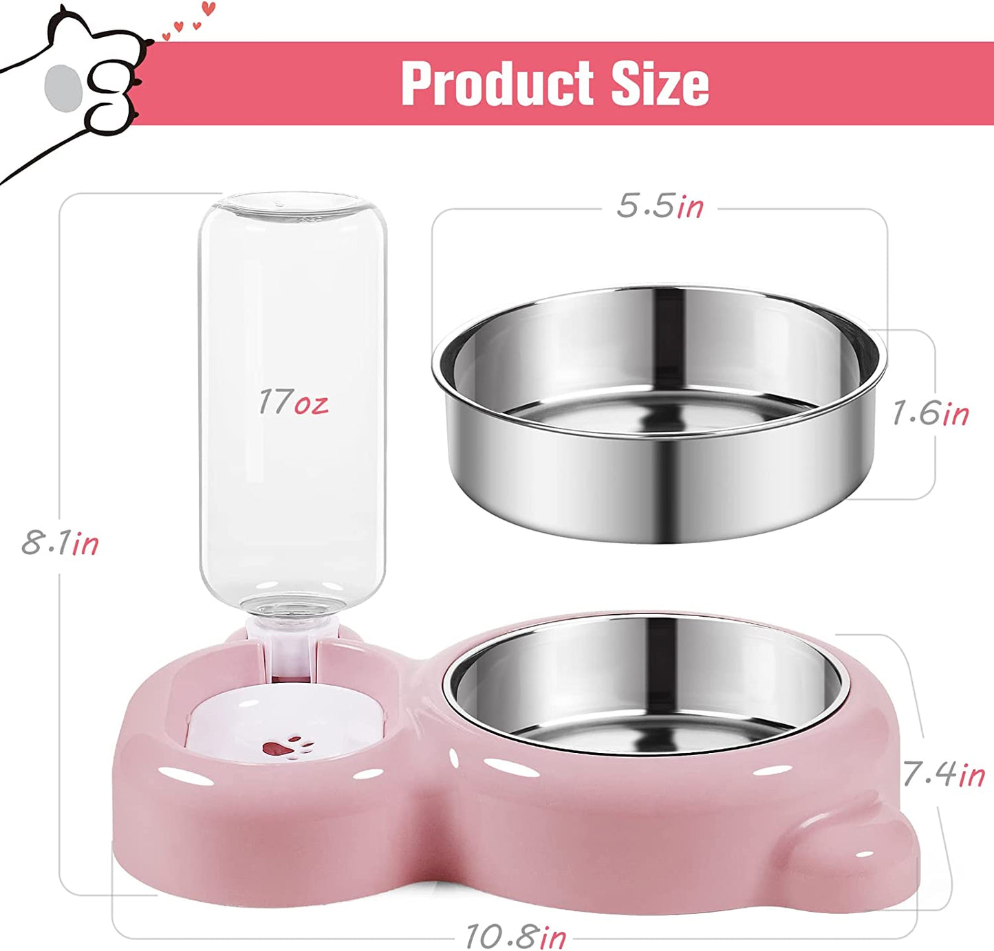 Dog Bowls, Cat Food and Water Bowl Set with Water Dispenser and Stainless Steel Bowl for Cats and Small Dogs - Pink