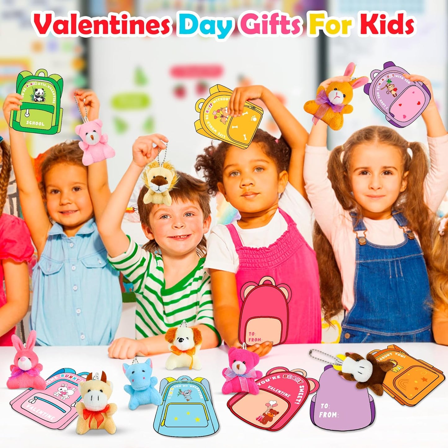 28 Pack Valentines Day Gifts Cards for Kids with Animals Plush Toys, Mini Stuffed Animal Keychain Bulk for Classroom Exchange School Game Prizes Valentine'S Party Favor Gift for Toddlers Boys Girls