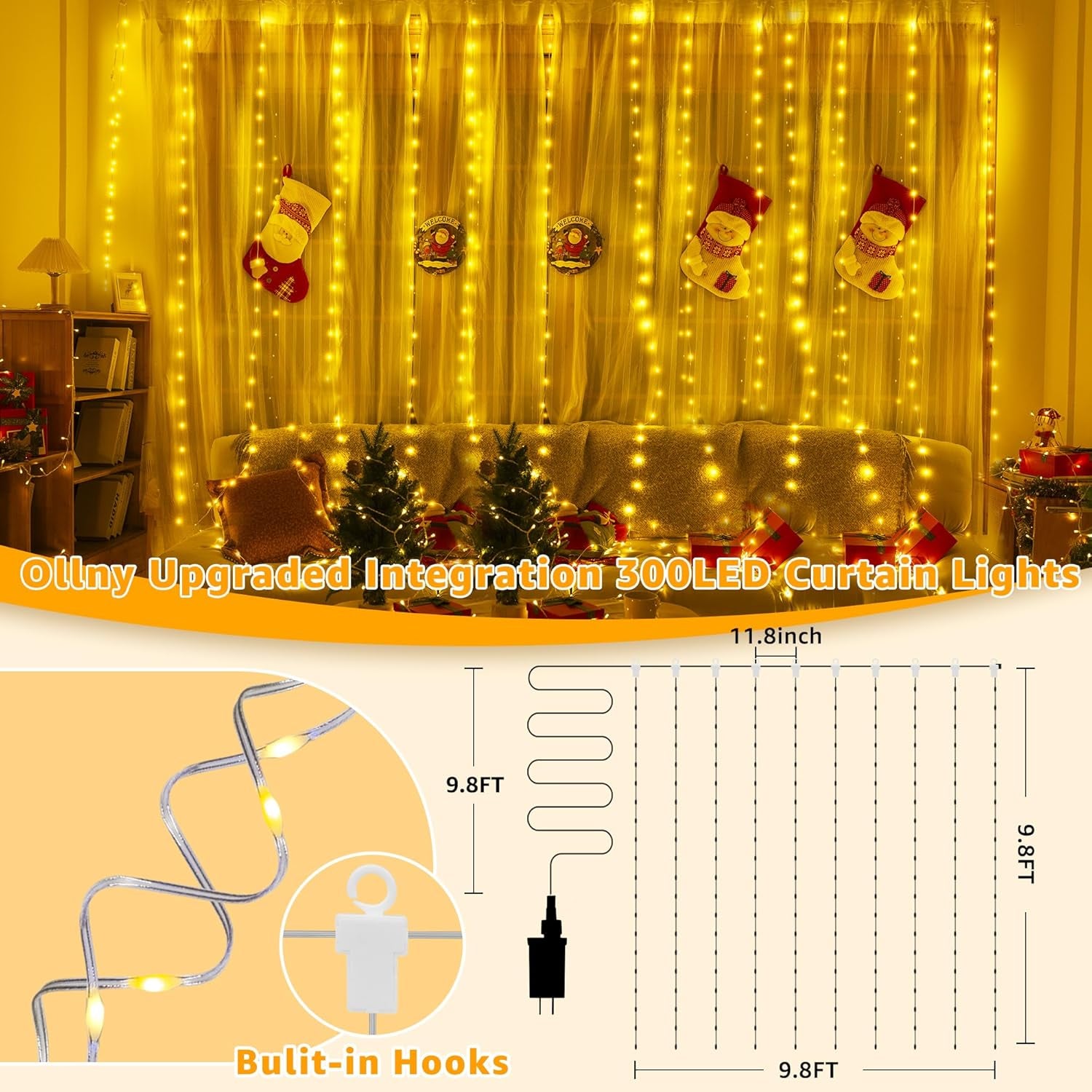 Curtain Lights 300LED 9.8Ftx9.8Ft, Connectable IP67 Waterproof Outdoor Curtain String Lights with Remote, Plug-In Untangle Fairy Lights with 8 Modes 3 Timers for Wall Backdrop Decor(Warm White)