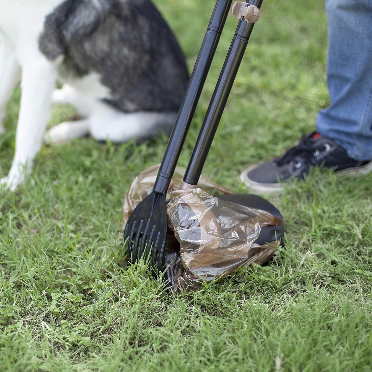 Pooper Scooper Swivel Bin & Rake Dog Poop Scooper, Black (2 Scented Waste Bags Included)