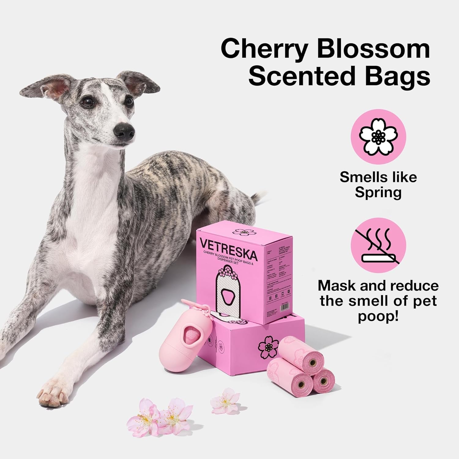 Dog Poop Bag Dispenser with Cherry Blossom Scented Poop Bags, Leak Proof and Extra Thick Pet Waste Bags, 1 Poop Bag Holder and 105 Bags for Dog Walking and Cats Litter, Pink