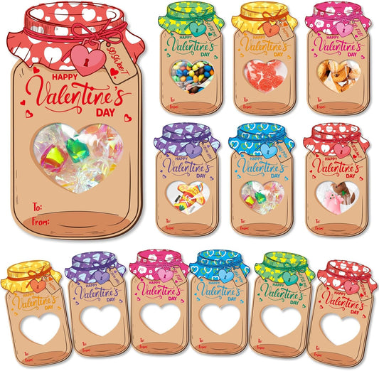 60 Pack Valentines Cards for Kids Classroom, Mason Jar Valentines Day Cards Set with Treat Bag, Perfect Candy Jar Valentines Cards for Kids School, Ideal Valentines Day Gifts for Boys Girls