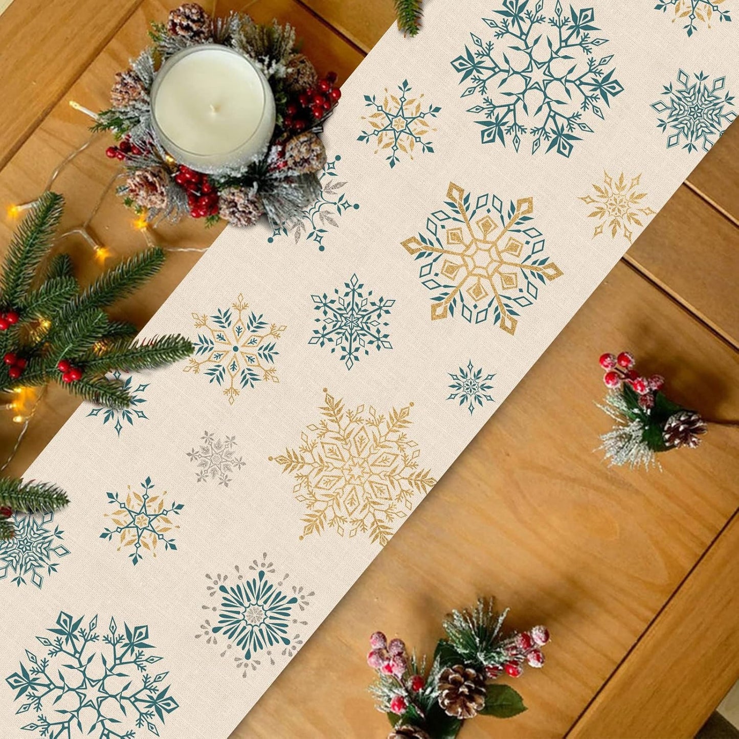 Winter Snowflakes Table Runner, Gold Blue Tabletop Scarf Home Kitchen Christmas Holiday Decor Sign, Seasonal Farmhouse Rustic Burlap Dining Decorations Party Supplies 13 X 72 Inch