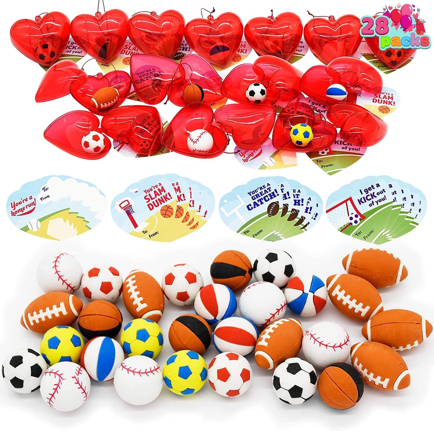 28 PCS Valentines Day Cards for Kids, Sports Balls Erasers Filled Hearts and Valentine Cards Gifts for Kids Classroom Exchange Prizes