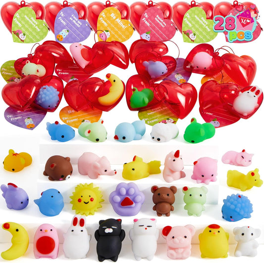 28 Packs Mochi Squishy Toys with Valentine Cards and Filled Hearts Party Favors for Kids Valentine Gifts Classroom Exchange, Kawaii Stress Relief Toys for Valentine Gift Exchange, Game Prizes