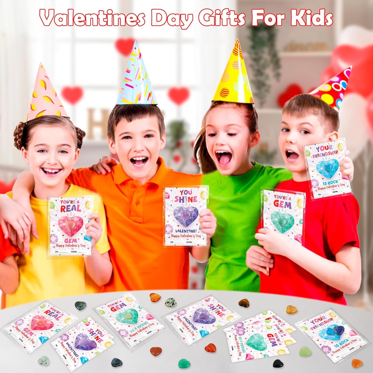 Valentines Day Gifts for Kids,28 Pack Valentines Cards with Heart Shape Crystals Gemstones Bulk for School Classroom Gifts Exchange Prizes,Funny Valentine'S Party Favor Toys for Toddlers Boys Girls