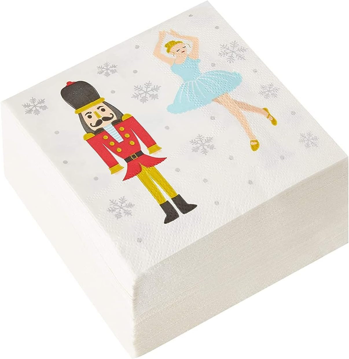 Cocktail - 100-Pack Disposable Paper Napkins, Christmas Holidays Dinner Party Supplies, 2-Ply, Nutcracker and Ballerina Design, White, Unfolded 10X10 Inches, Folded 5X5 Inches