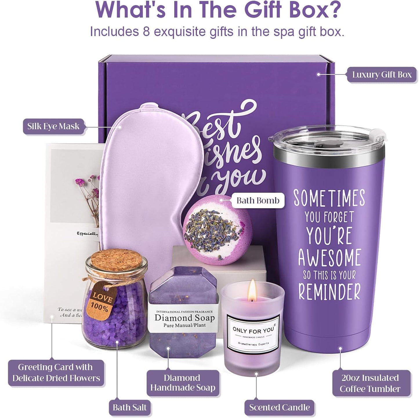 Birthday Gifts for Women Girls - Christmas Gifts for Mom Wife Sister Female Friends Girlfriend Nurse Mothers Day Presents for Her Lavender Relaxing Spa Basket Purple Gift Box Mug Tumbler Set