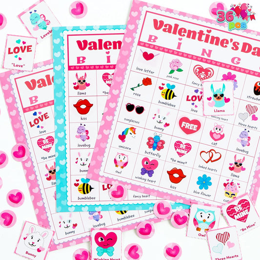 36 Players Valentines Day Bingo Cards (5X5) for Kids School Classroom Exchange Gift Rewards, Fun Party Games, Indoor Family Activities