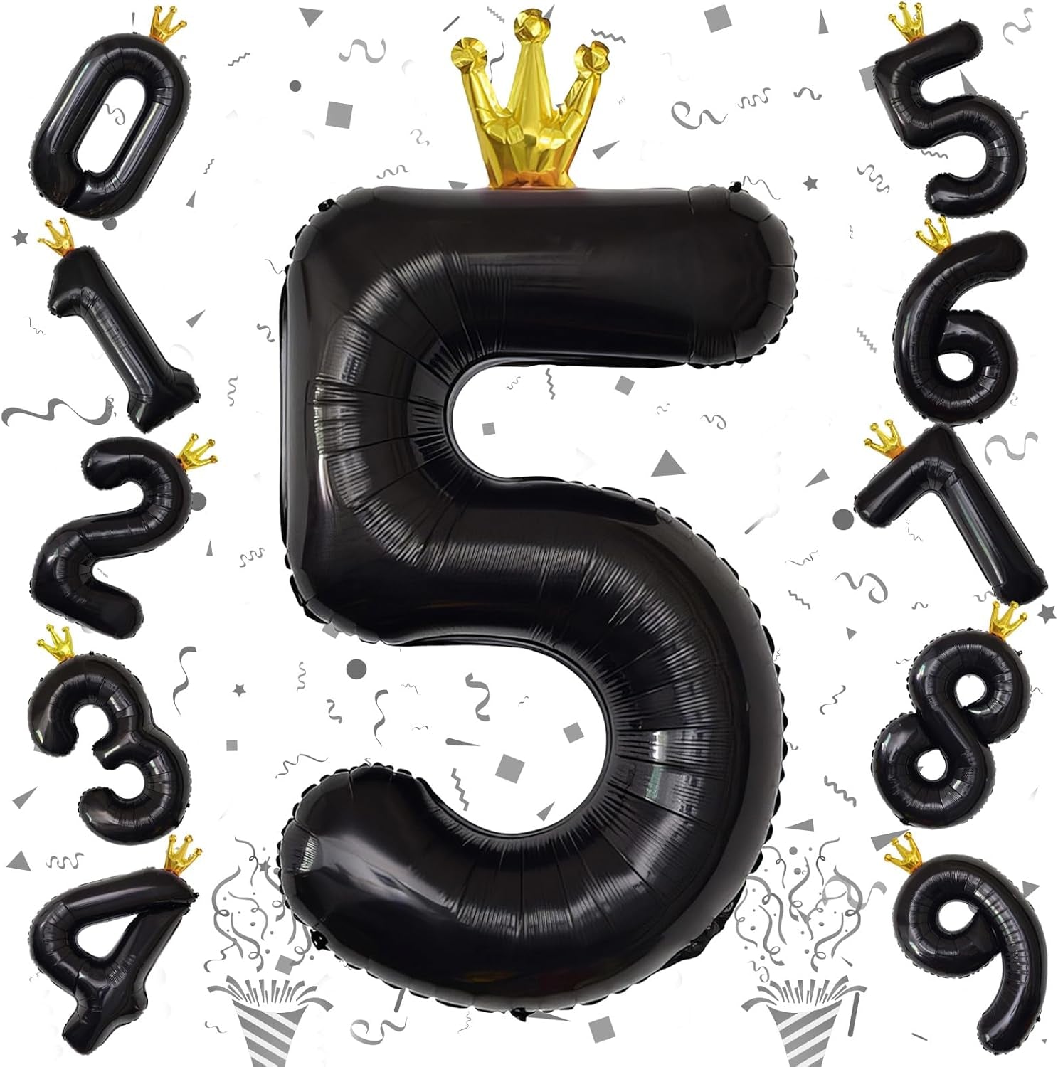 40 Inch Black 5 Number Balloons for Kids, Giant Foil 5Th Birthday Number Balloon, Crown Self Inflating Balloons 0-9 Set for Girls Boys 15Th Birthday Party Decor Anniversary Decorations Boys Supplies