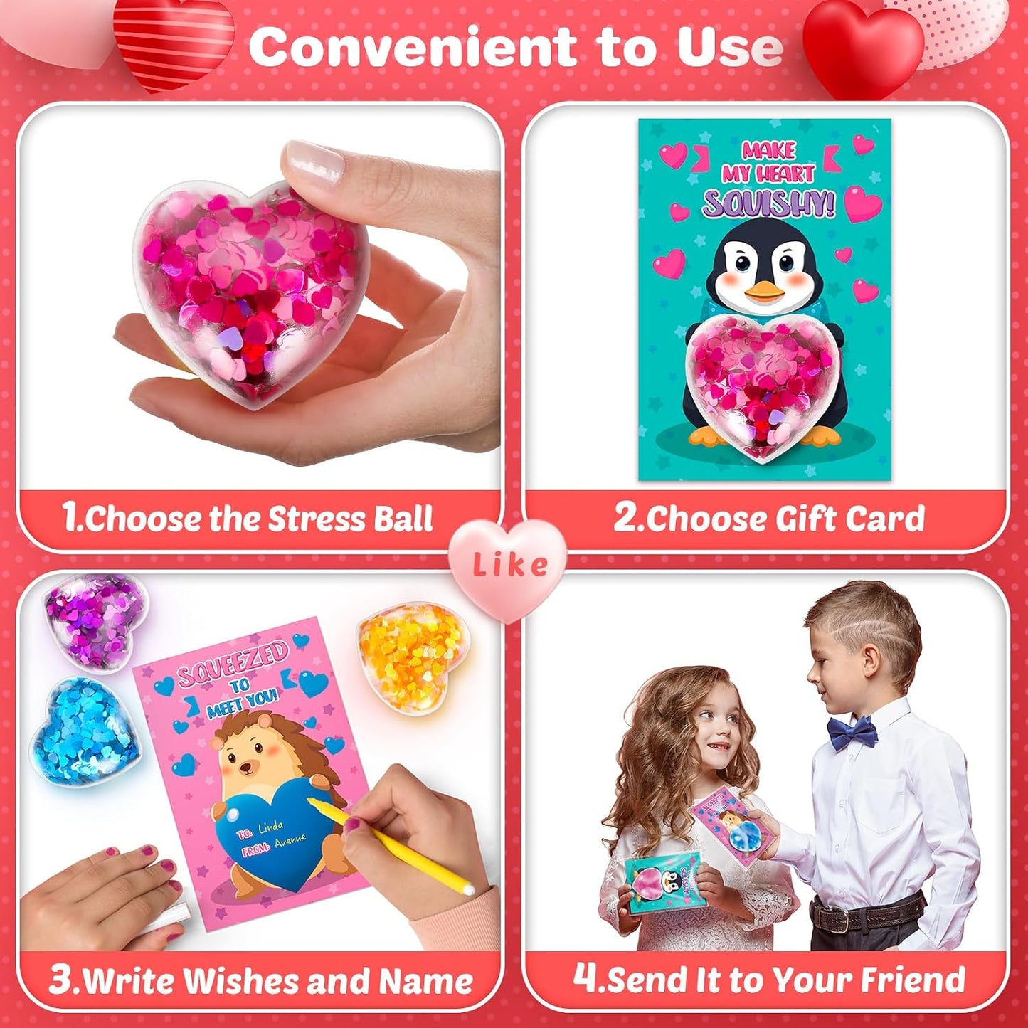 24 Pack Valentines Day Cards for Kids School, Valentines Heart Stress Balls with Greeting Cards for Kids, Valentines Day Gifts for Kids Classroom, Stress Relief Toys for Valentine'S Party Favor Prizes