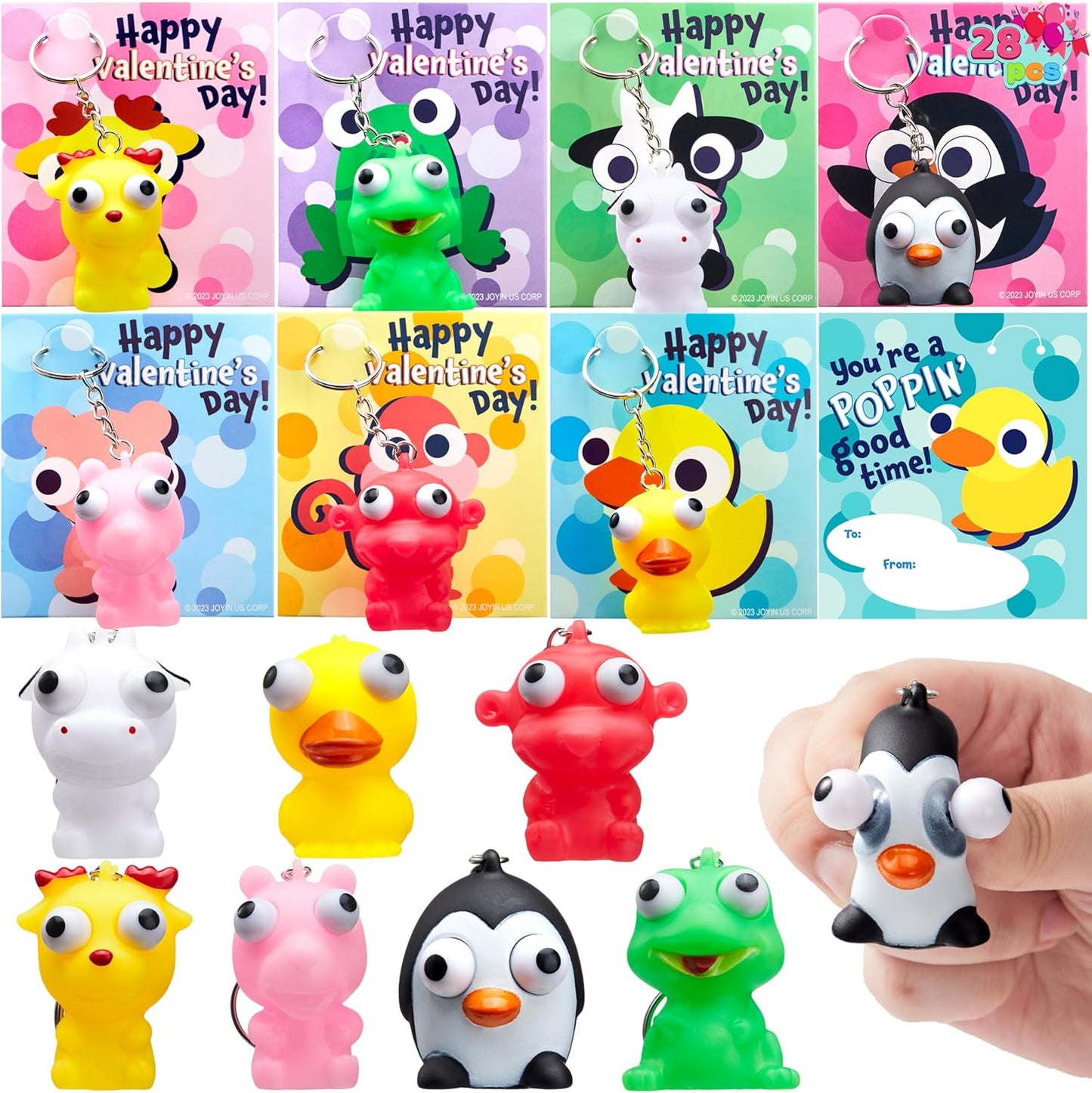 28 Packs Valentine'S Day Gifts Card with Unzip Popping Eyes Animal Keychains for Kids Party Favor, Classroom Exchange Prizes, Valentine’S Greeting Cards