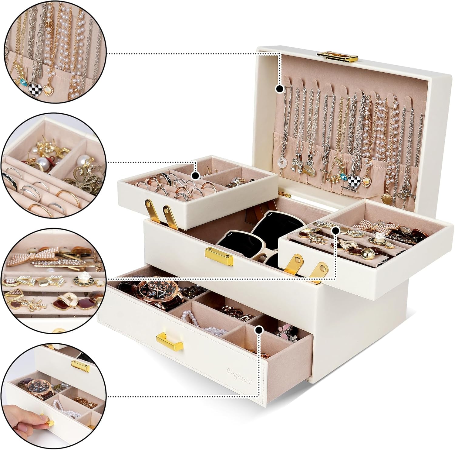 Jewelry Box for Women, 3 Layers Large Jewelry Organizer Box, Jewelry Storage Case for Earring, Ring, Necklace, Bracelets (Cloud White + Gold)