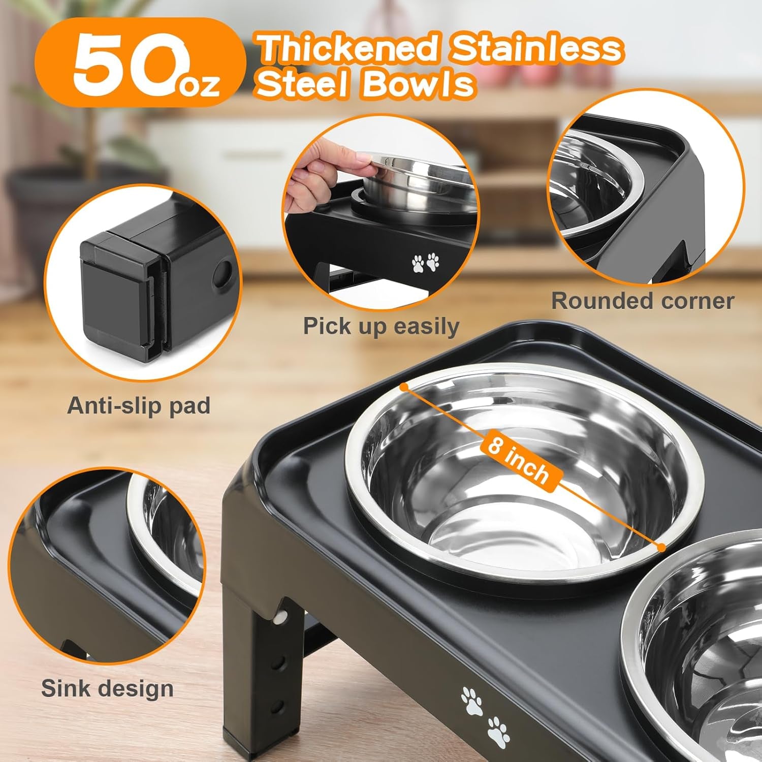 Elevated Dog Bowls, 4 Height Adjustable Raised Dog Bowl Stand with 2 Thick 50Oz Stainless Steel Dog Food Bowls Non-Slip Dog Feeder for Large Medium Dogs Adjusts to 3.7", 9.2", 10.75", 12.36" Black