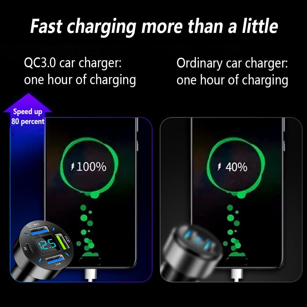 Car Charger 66W Super Fast Charging with USB PD&QC 3.0(Voltmeter&Led Lights) Universal Quick Charge for 12-24V Car Cigarette Lighter Plug,Compatible with Iphone 14 13 12,S22 S21 S20,Ipad(Black)