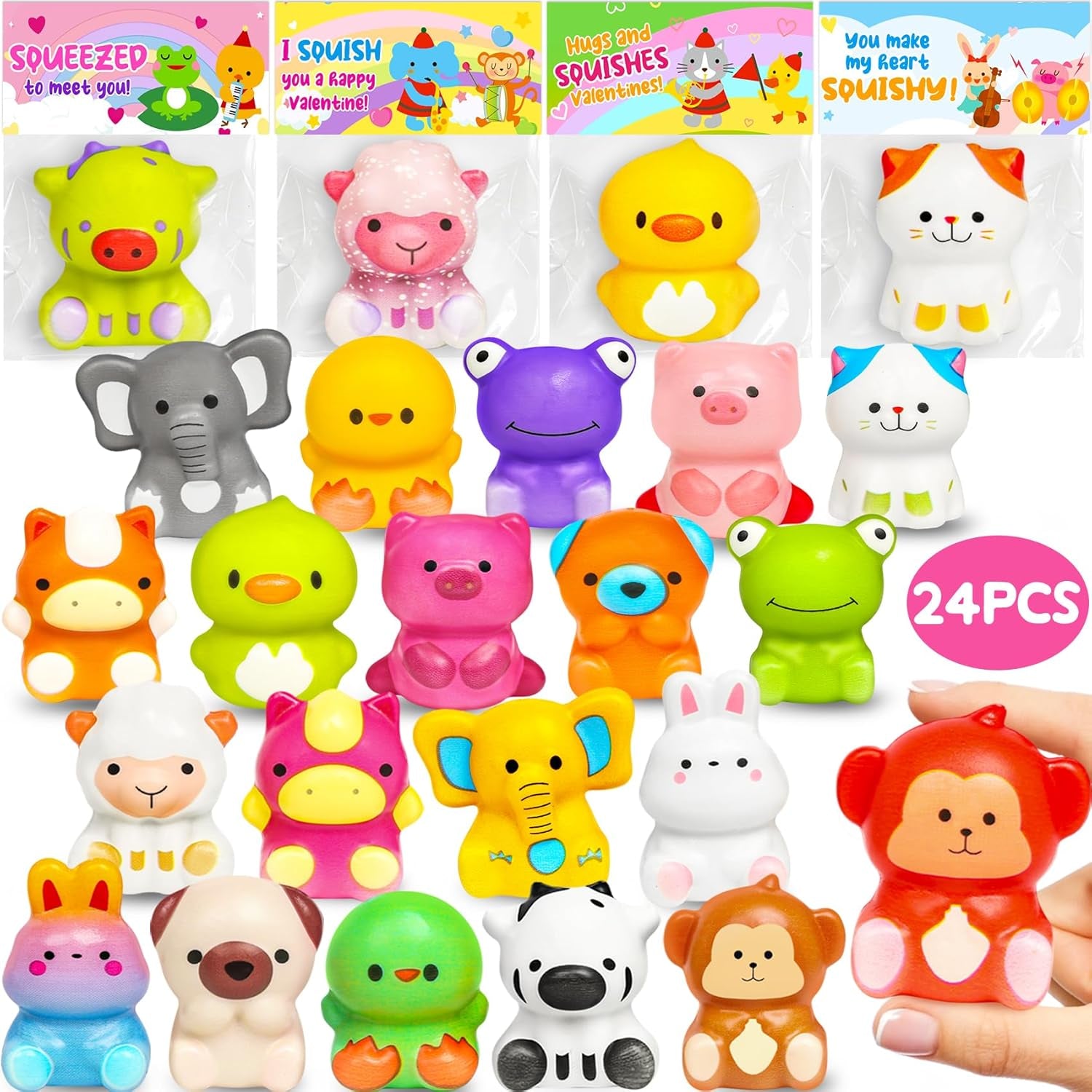 Valentines Day Gifts for Kids Classroom 24PCS Animal Squishy Toys with Valentines Day Cards for Kids School Class Exchange Slow Rising Squeeze Squishies Fidget Valentine Party Favor Toddler Boys Girls