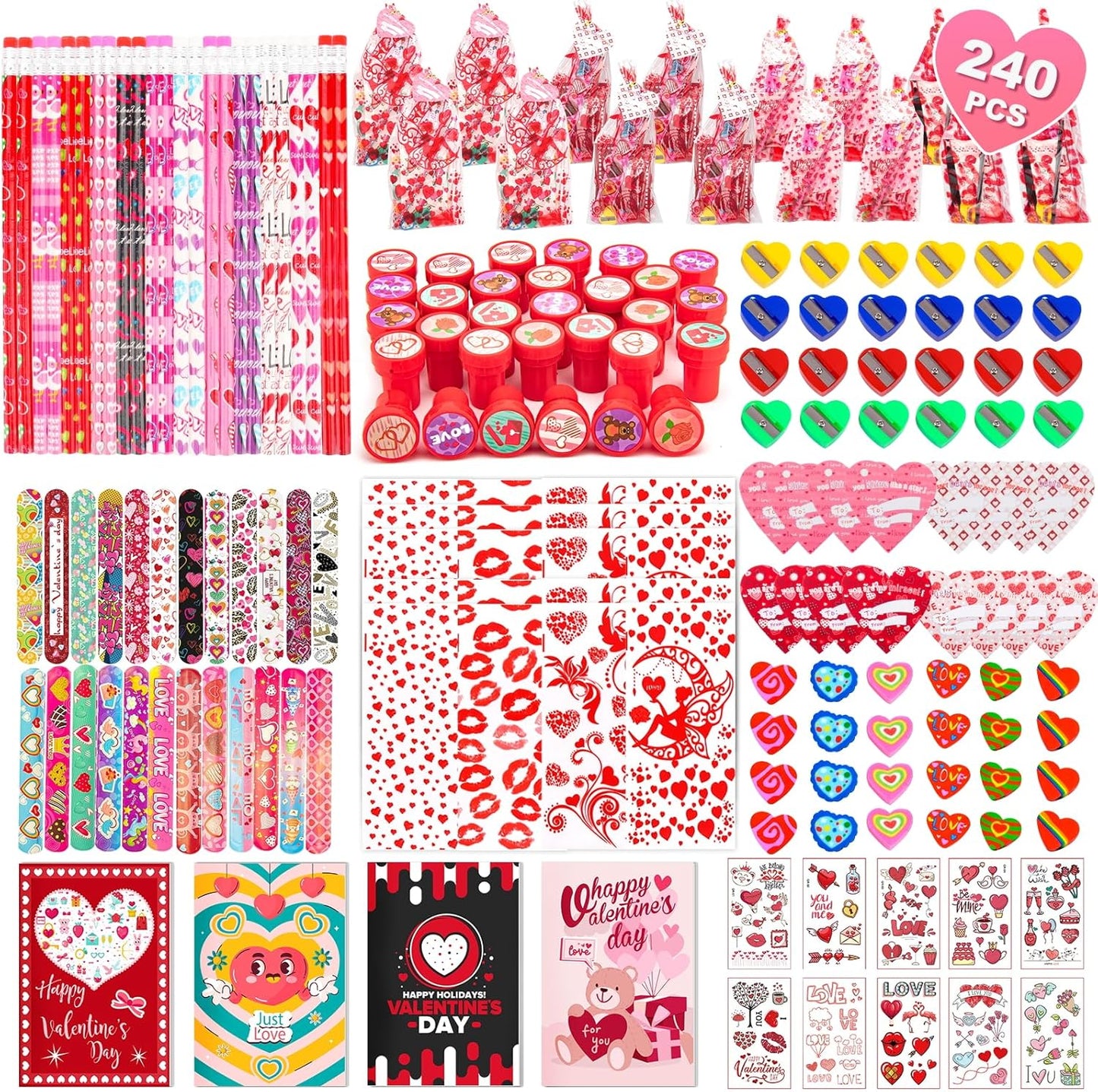 Valentine'S Day Gifts for Kids, 240Pcs Classroom Exchange Stationery Set with Card,Pencil, Sharpener, Eraser, Notebook,Slap Bracelet, Stamp,Tattoo Sticker, Goodie Bag Stuffers for School Party Favors