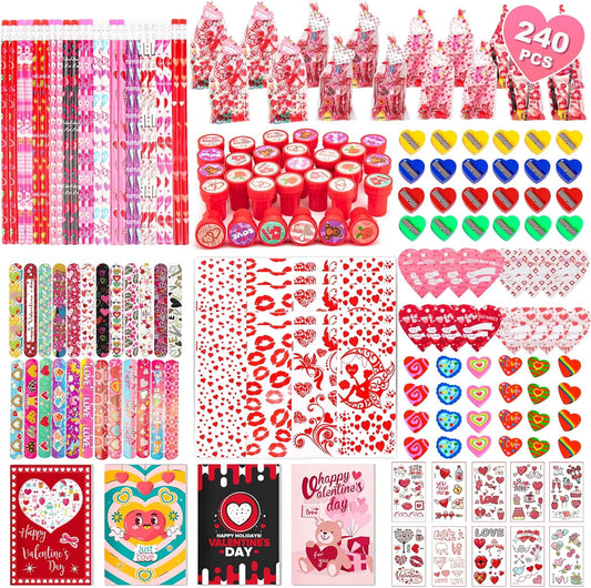 Valentine'S Day Gifts for Kids, 240Pcs Classroom Exchange Stationery Set with Card,Pencil, Sharpener, Eraser, Notebook,Slap Bracelet, Stamp,Tattoo Sticker, Goodie Bag Stuffers for School Party Favors