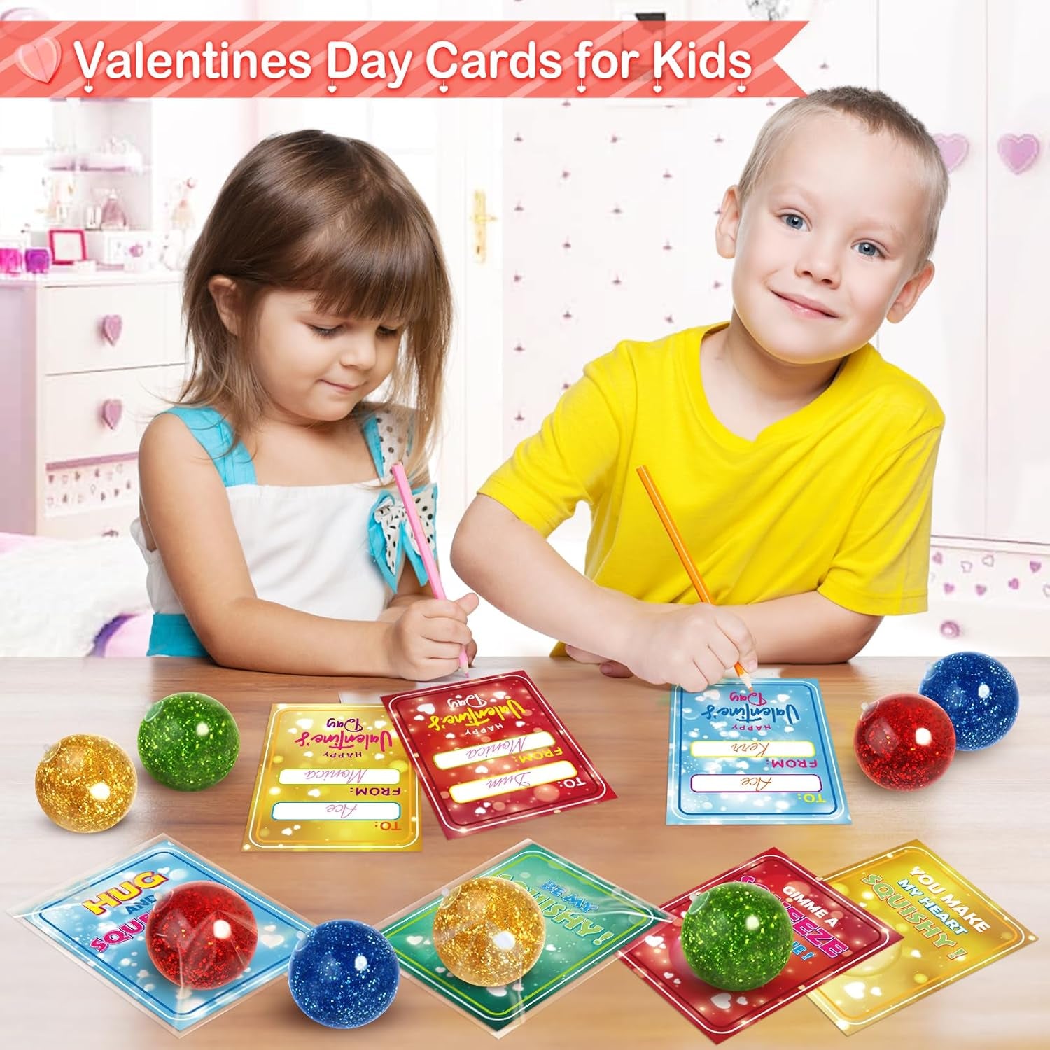 24 Pack Valentine'S Day Cards for Kids with Stretchy Balls for School Classroom Valentine'S Gift Exchange, Valentine'S Party Favor and Prizes, Squeeze Toy Fidget Toy for Kids