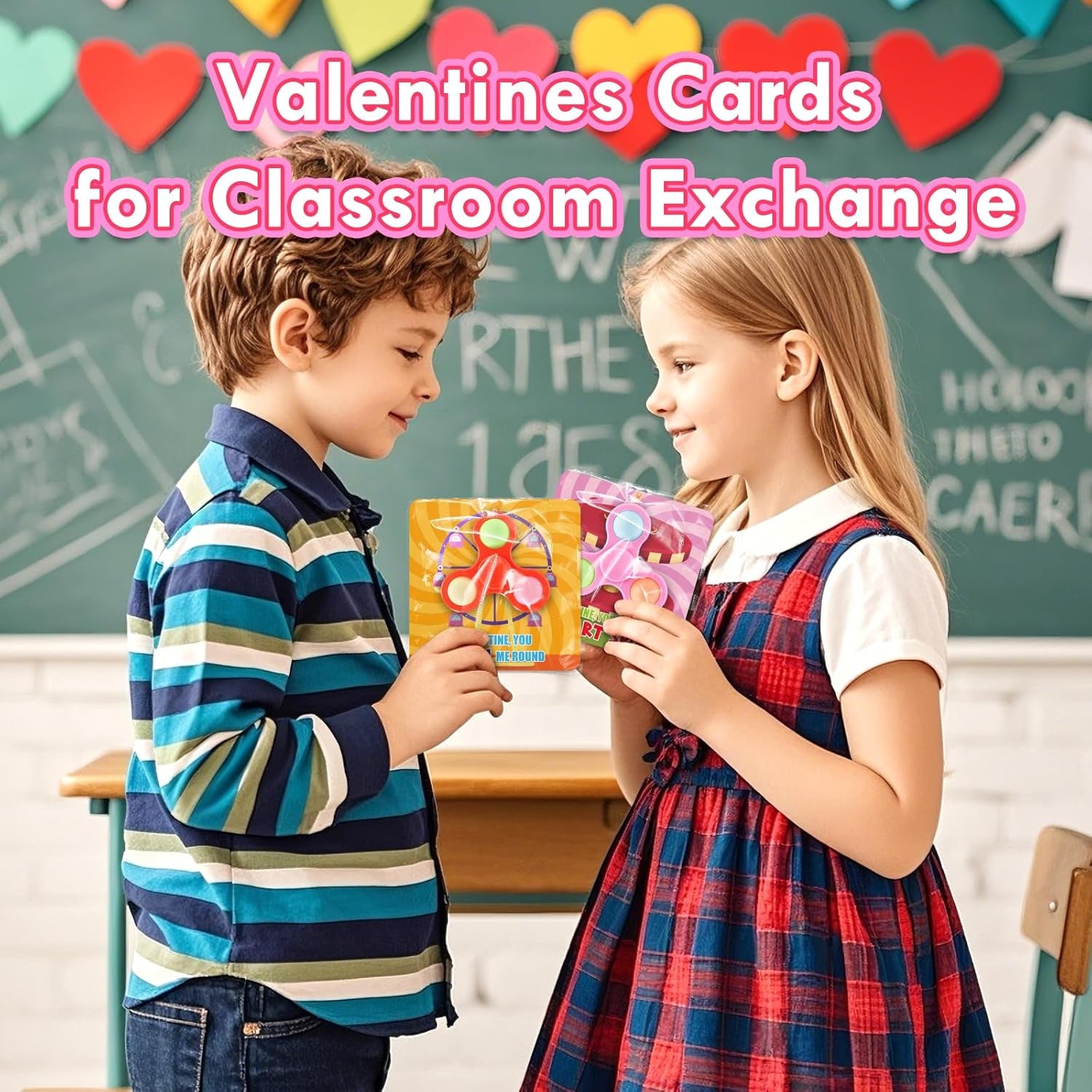 28Pack Valnetine Day Gifts for Kids Classroom School Exchange, Kids Valentine Day Greeting Cards with Spinner Toys, Valentine Day Exchange Cards Gifts for Kids Valentine'S Day Party Favors