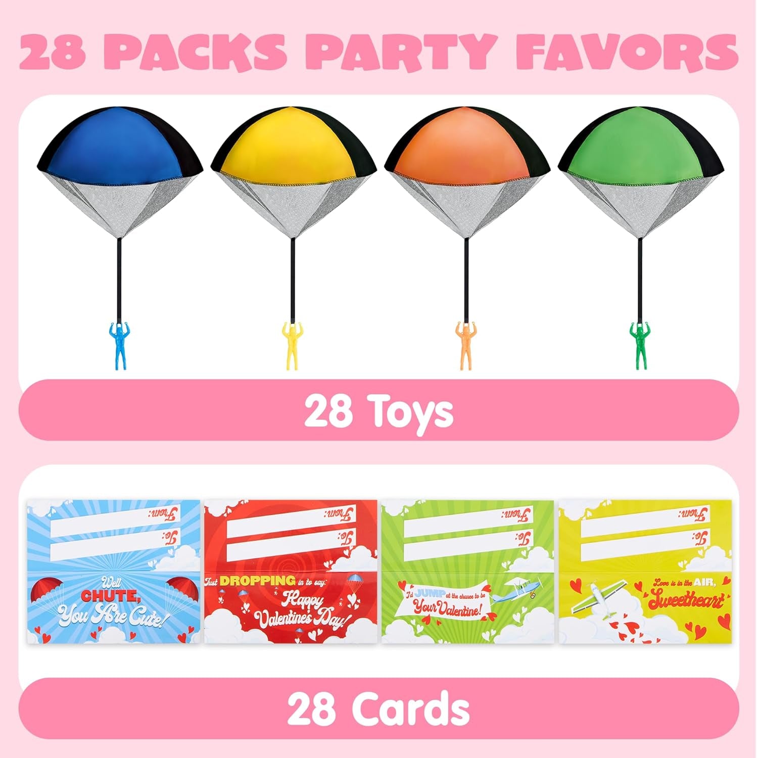 28 Pack Valentine'S Day Parachute Toy with Cards, Army Soldiers Guys, No Battery Throwing Hand Toy for Kids Party Favor, Valentine’S Greeting Cards for Boys Girls