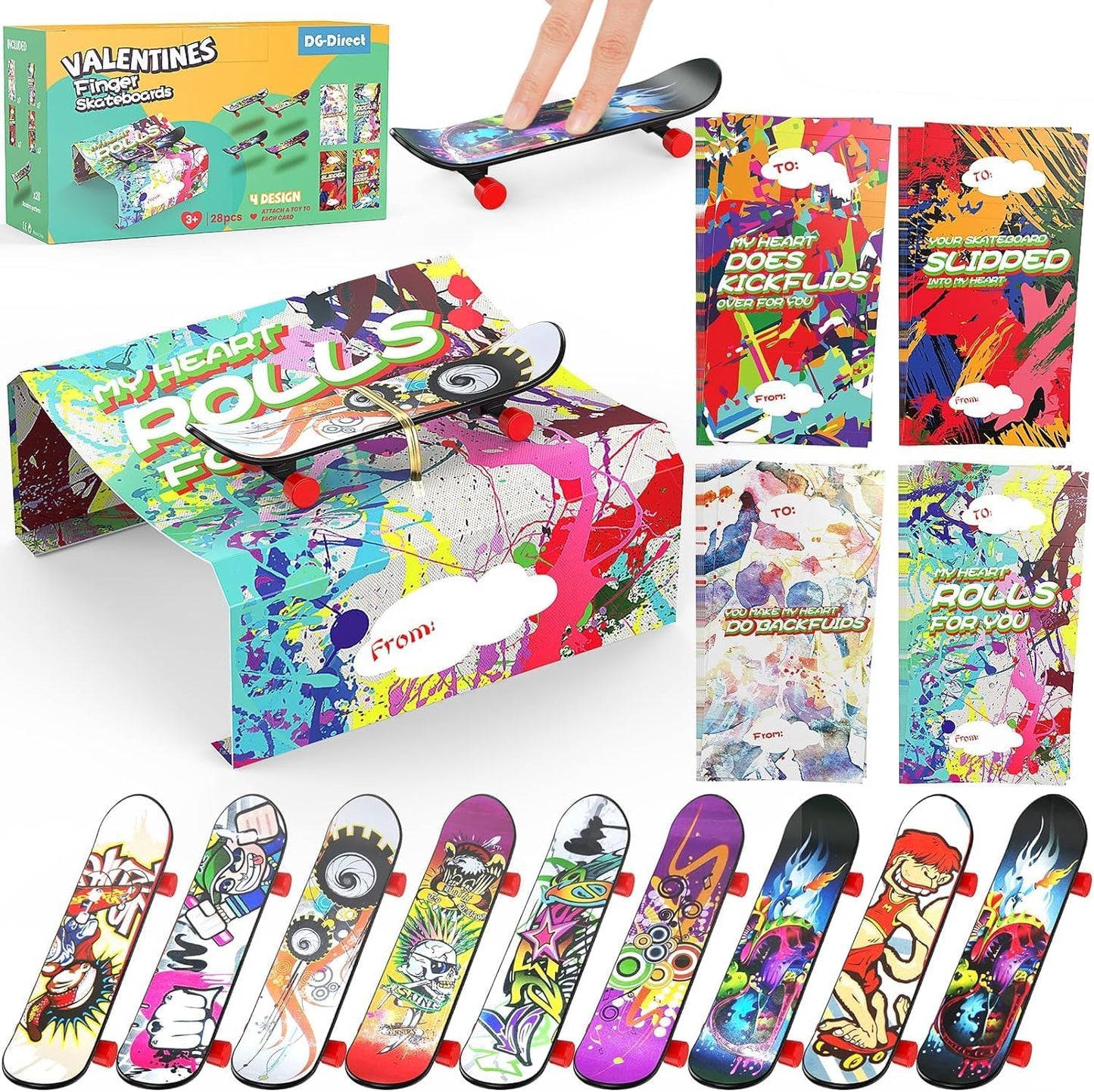 28 Packs Valentine'S Day Cards with Finger Skateboards Toys, Kids Valentine Party Favor, Valentine'S Day School Classroom Prizes, Valentine Exchange Gift (Finger Skateboards)