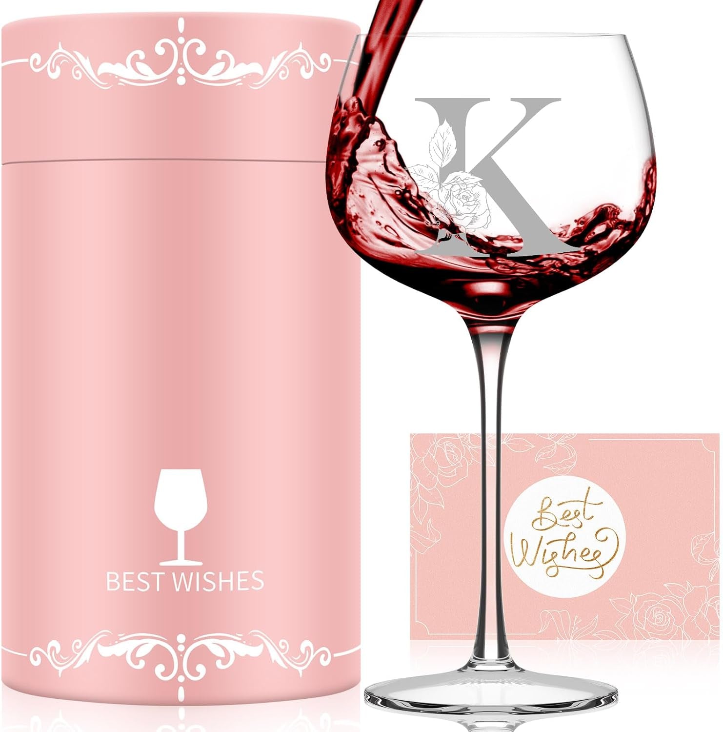 Gifts for Women, Friend, Mom, Wife,Her, Monogrammed A-Z Personalized Wine Glass Gift, Customized Gifts for Women Birthday, Christmas, Mothers Day, Valentine'S Day Gifts (K)