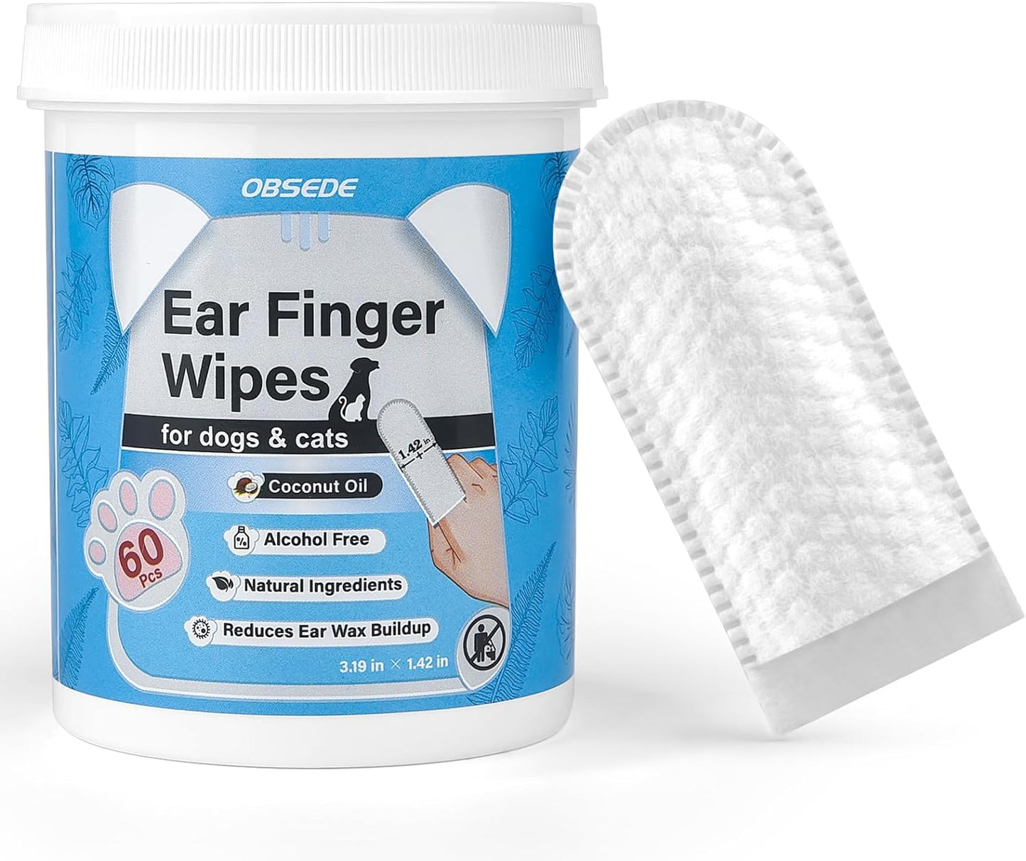 Ear Cleaner Finger Wipes, Grooming Kit Care for Dogs and Cats Regular Soothing Odor Control Reduce Dirt Wax Build up Pet Supplies Easy to Use Fresh Coconut Scent, 60 Count