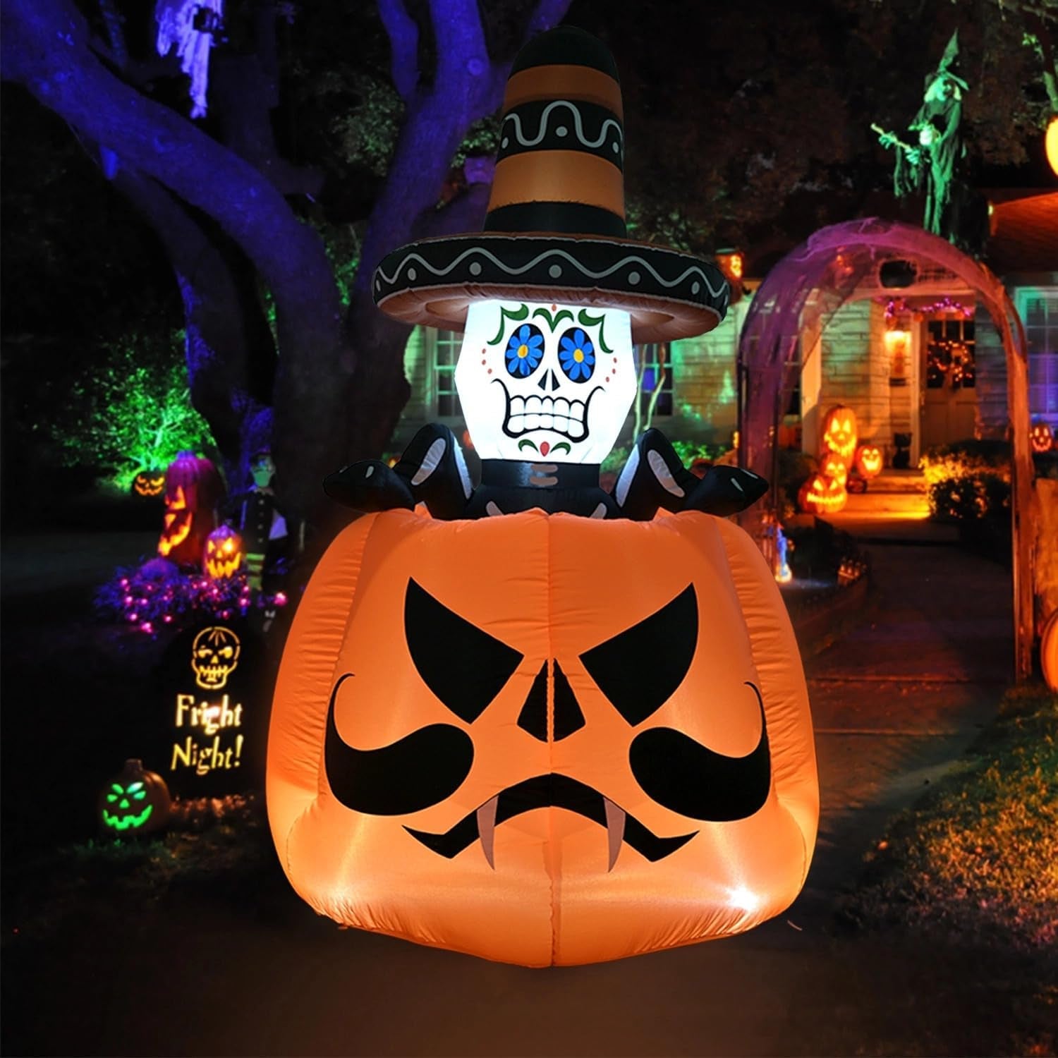 5.9 FT Halloween Inflatable Pumpkin with Rise & Fall Wizard Hat, LED Lights, Blow up Spooky Decor for Outdoor Yard, Garden, Lawn