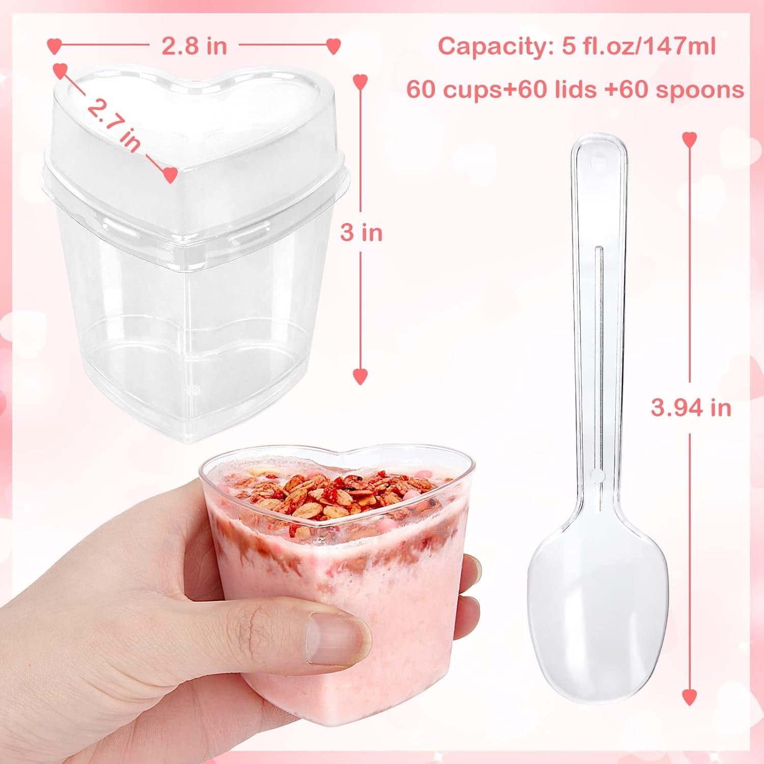 60 Pack Dessert Cups with Lids and Spoons, 5 Oz Heart-Shaped Clear Plastic Appetizer Parfait Cups for Mother'S Day Gift, Wedding, Bridal Shower