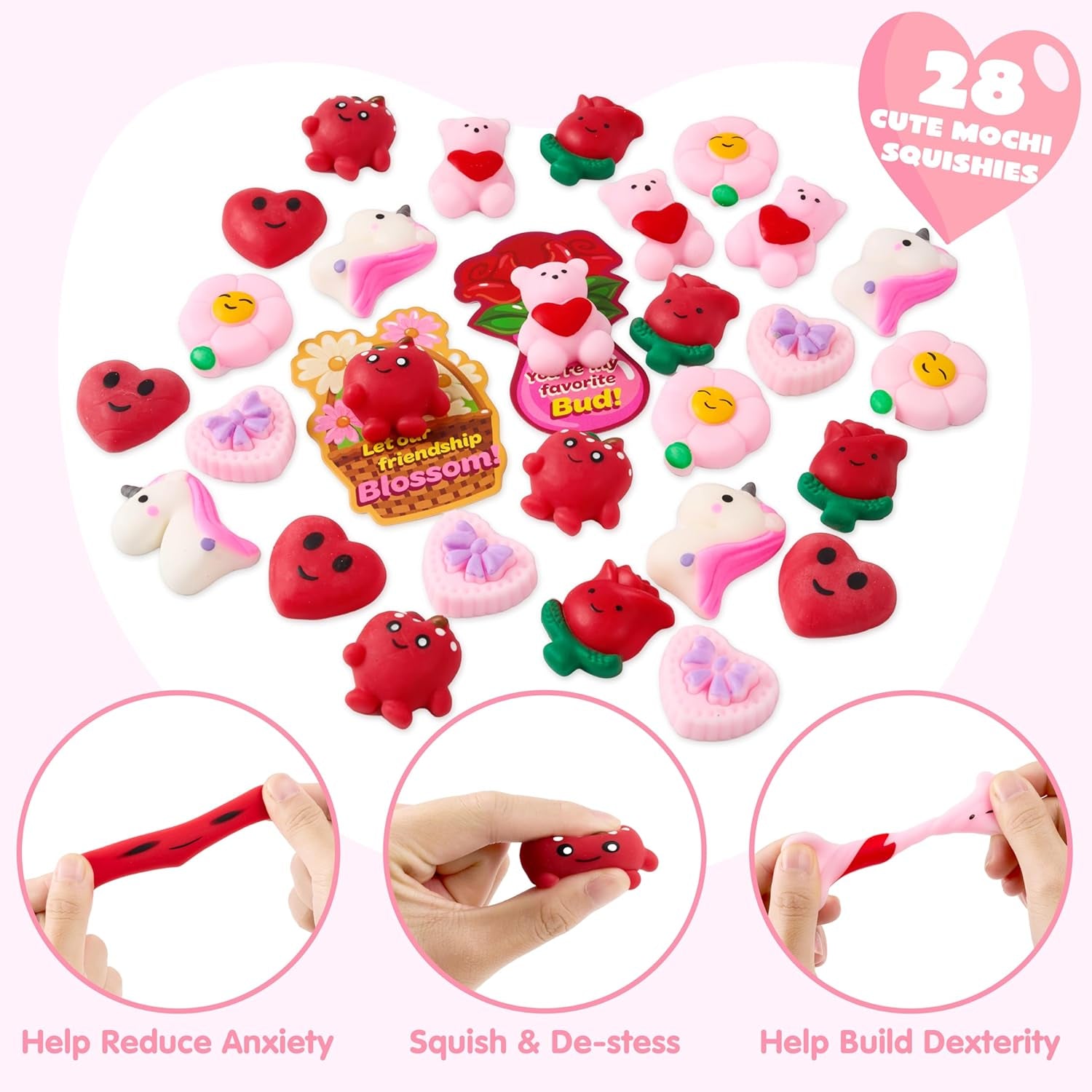 28 Packs Valentine’S Day Gift Cards with Mochi Toys, Stress Relief Fidget Toys, Cute Miniature Novelty Squeeze Toys for Kids Valentine'S Party Favors, School Exchange and Goody Bag Fillers