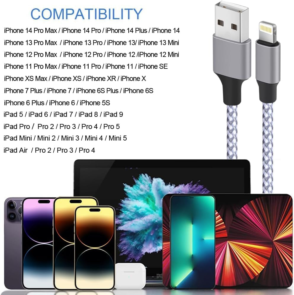 for Iphone Charger, [Mfi Certified] Lightning Cable 3PACK 6FT Nylon Braided USB Charging Cable High Speed Transfer Cord Compatible with Iphone 14/13/12/11 Pro Max/Xs Max/Xr/Xs/X/8/Ipad