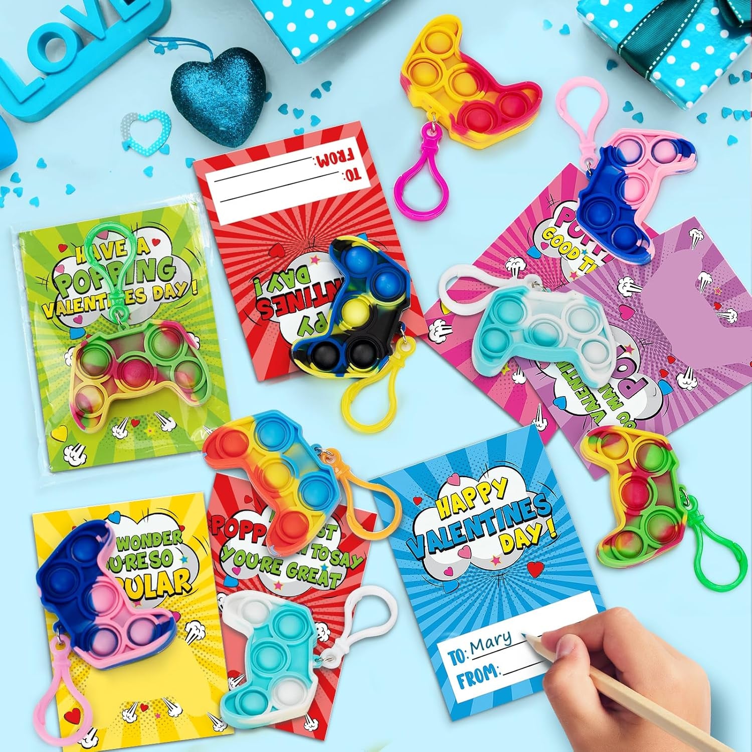 Valentines Cards for Kids Classroom, 24 Packs Game Shape Pop Fidget Keychains Bulk, Class Valentines Gifts for Kids, School Exchange Prizes & Party Favors for Boys Girls