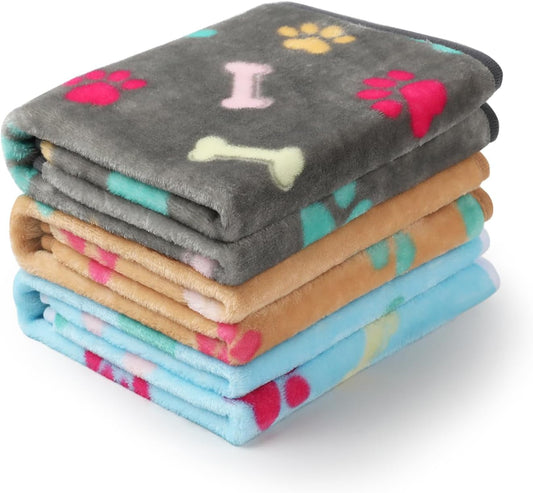 1 Pack 3 Blankets Fluffy Premium Fleece Pet Blanket Flannel Paw Printed Throw for Dog Cat(Small 23X16'', Grey/Brown/Blue)