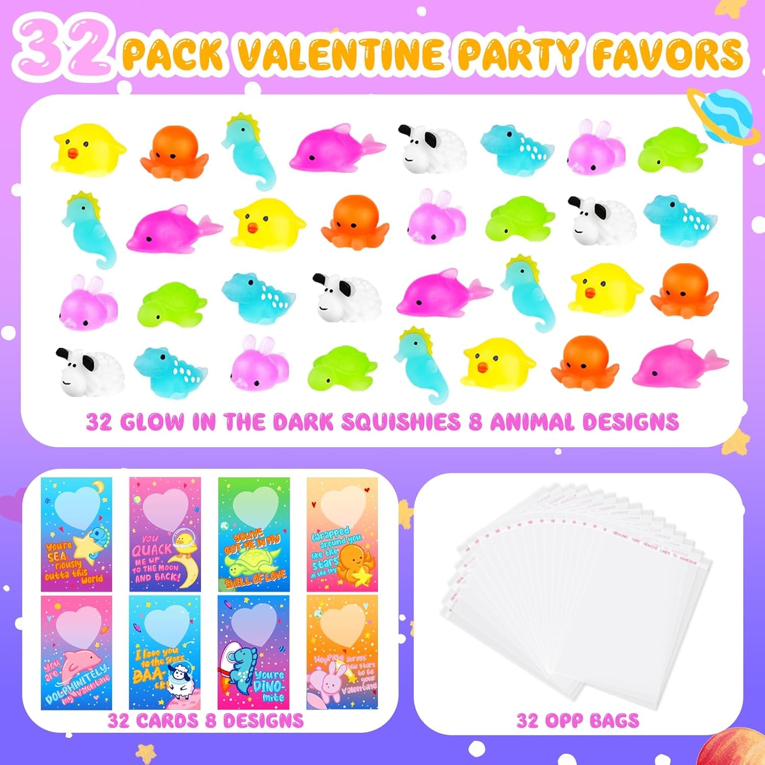 Valentines Day Gifts for Kids, 32 Pack Valentines Cards for Kids Classroom with Kawaii Squishy Toys Glow in the Dark, Valentine Exchange Gift for Boys Girls Toddlers School Class Game Prizes