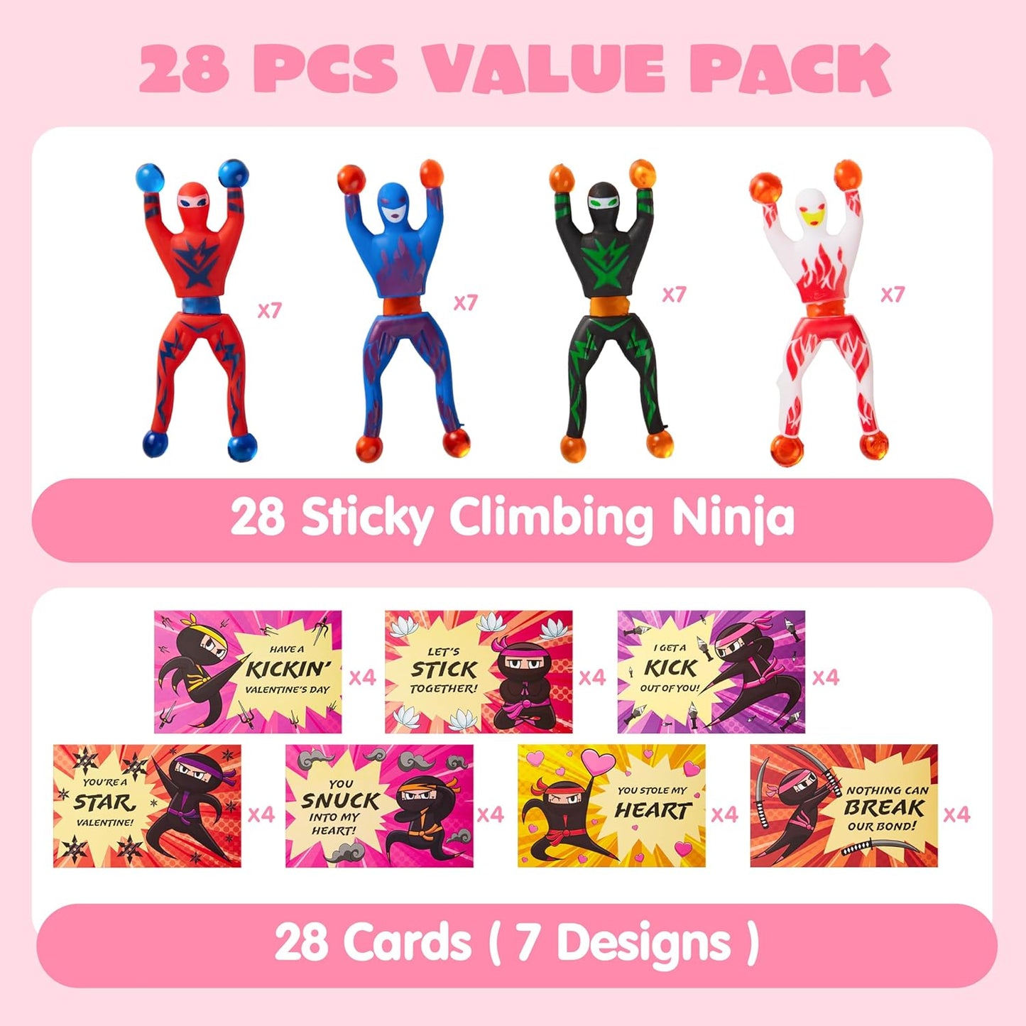 28 Packs Valentines Day Sticky Wall Climbing Men Ninja with Gifts Cards Set, Wall Climbers Stress Relief Toys for Kids Party Favor, Classroom Exchange Prizes, Valentine Greeting Cards