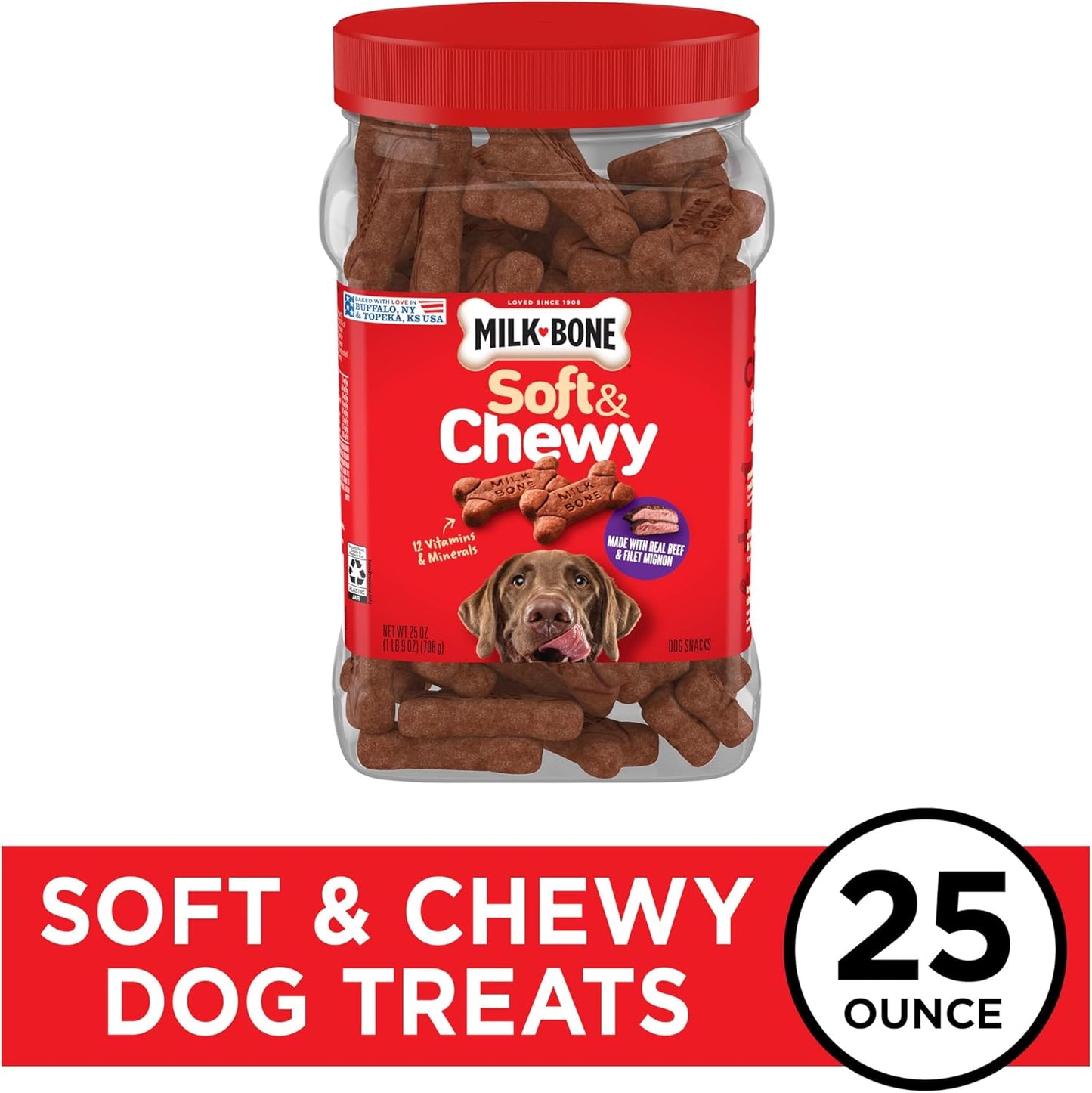 Soft & Chewy Dog Treats, Beef & Filet Mignon Recipe with Chuck Roast, 25 Ounce Container