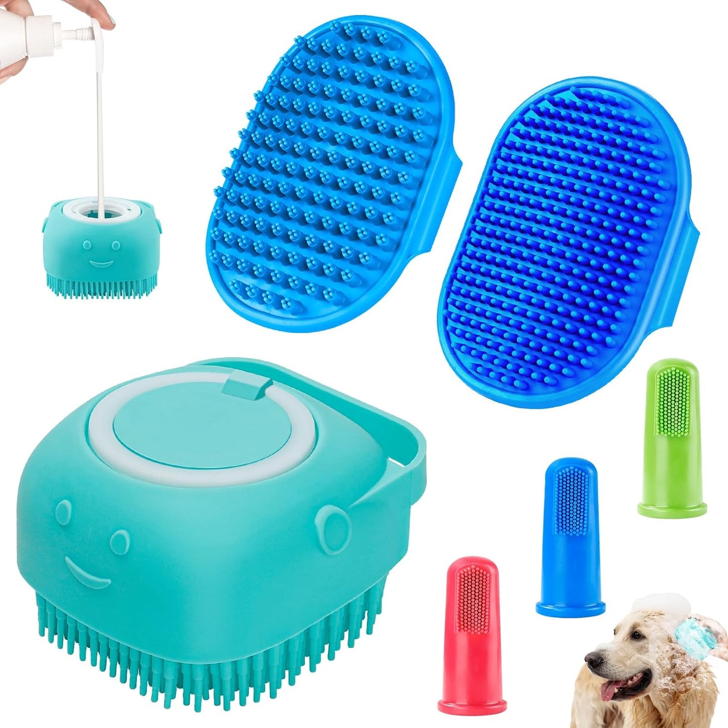 3PCS Dog Bath Brush | Dog Shampoo Brush | Dog Scrubber for Bath | Dog Bath Brush Scrubber | Dog Shower/Washing Brush with Adjustable Ring Handle for Short & Long Hair (Blue Blue Blue)