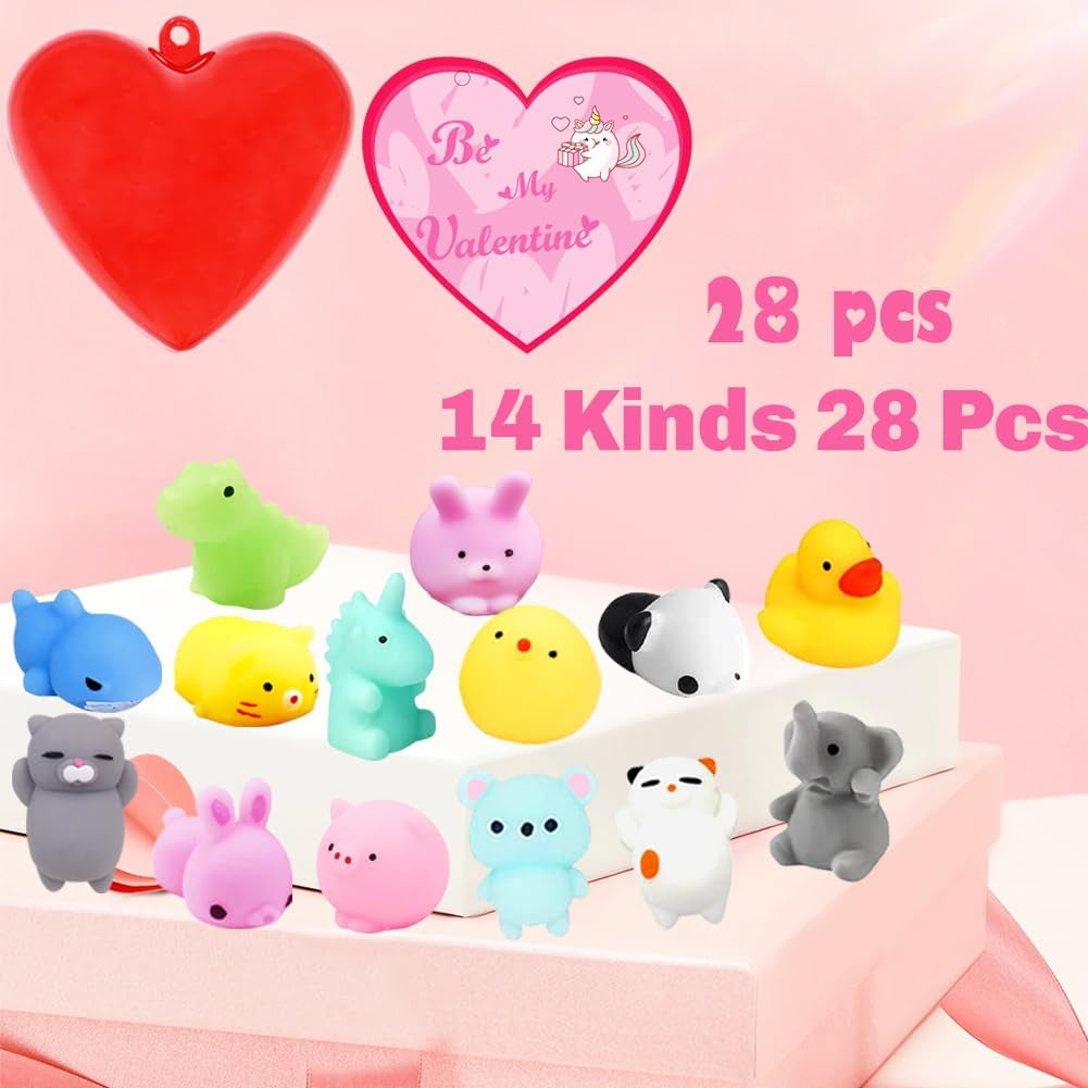 28 Pcs Valentine Mochi Squishies Toys Filled Hearts with Valentines Day Cards for Kids, Kawaii Stress Relief Squishies Toy for Valentine'S Party Favors Boys Girls Exchange Gifts Classroom Prizes